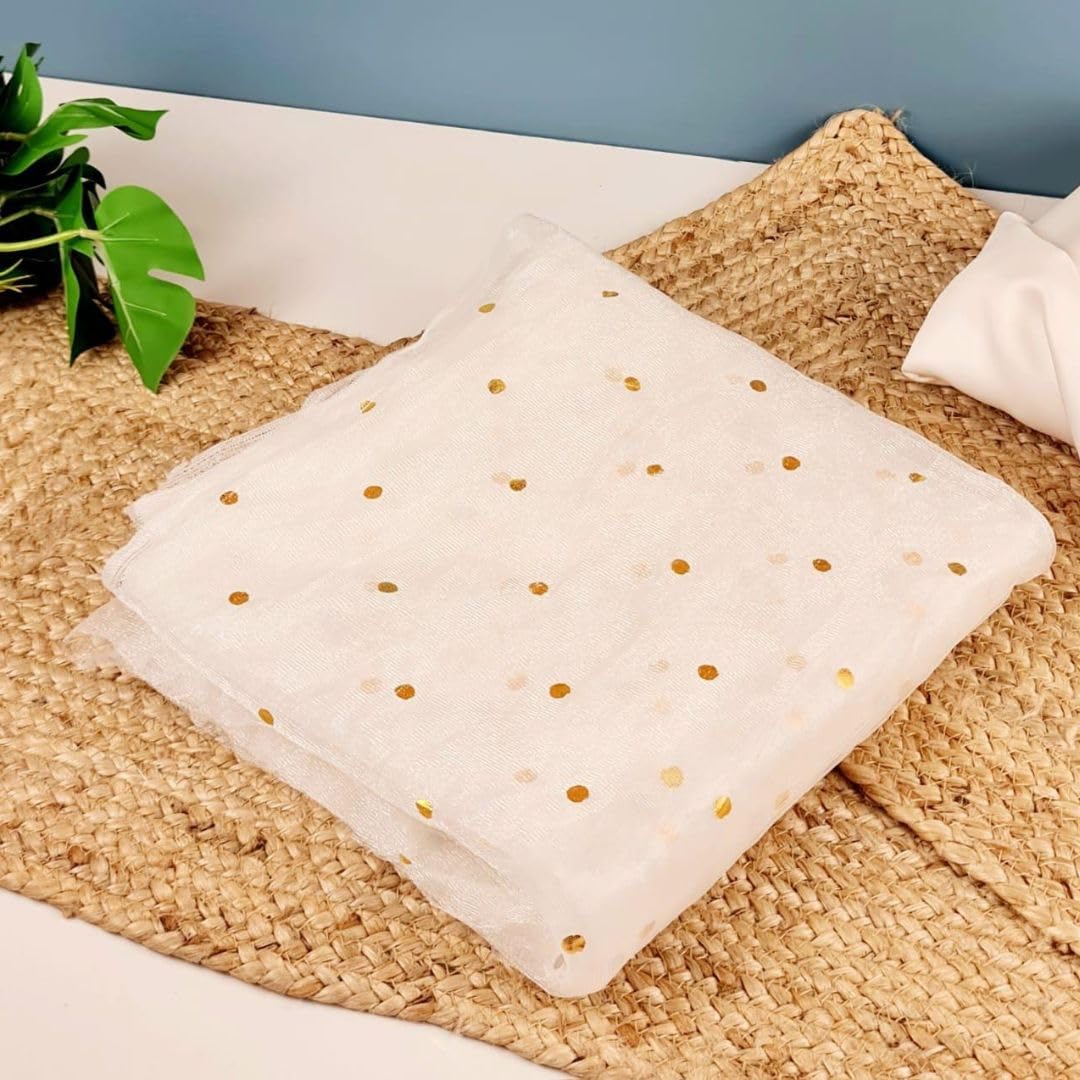 SATYAM KRAFT Multipurpose Net Fabric Cloth for Diwali, Deepawali, New Year, Navratri, Wedding, Party, Event, Stage Backdrop, Pooja Background, Mandap & Festive Decoration (White Polka Dot, 5 Meter)