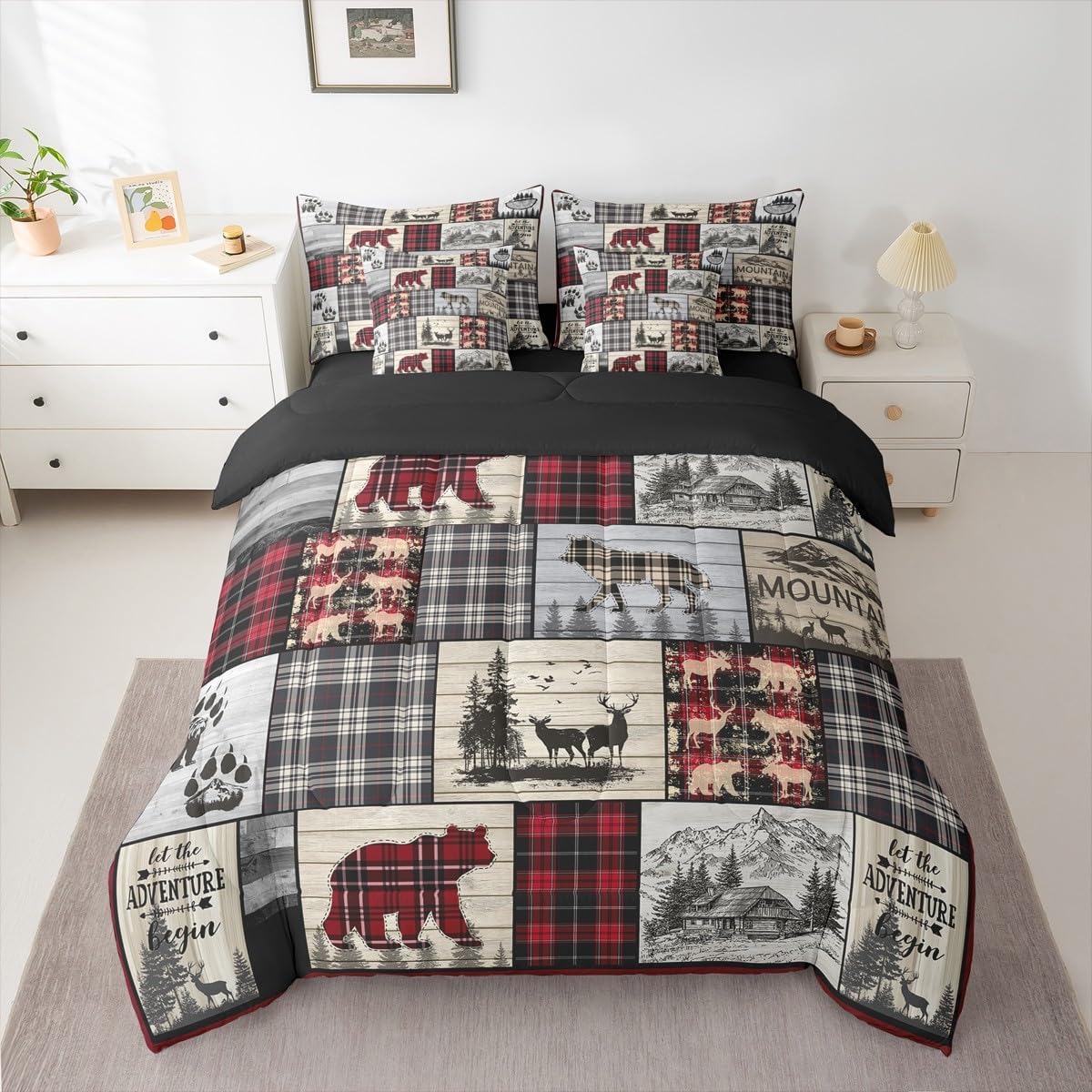 Erosebridal Rustic Cabin King Comforter Set 7 Piece Red Black Farmhouse Buffalo Plaid Bedding Sets Hunting Wolf Bear Deer Bed in A Bag with Sheets Country Wildlife Animal Theme Bed Sets Lodge Decor - Image 2