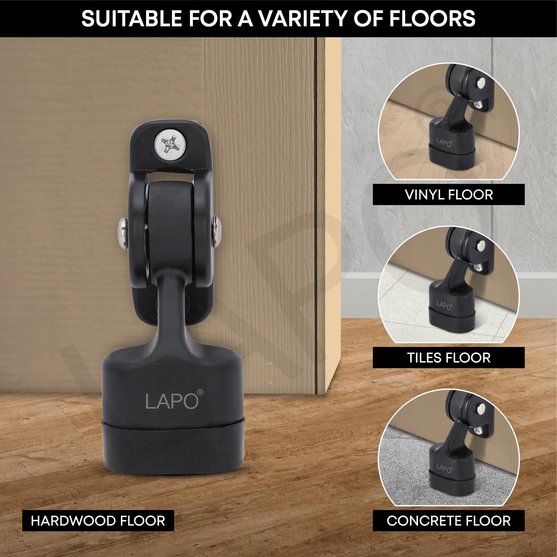 LAPO Premium 3 Inch Rubber Door Stopper with Screw | Heavy Duty Wooden Door Stopper for Home, Office, Hotel | Black Finish | Strong Grip Door Holder for All Surfaces (Pack of 1) — Amazon image 3