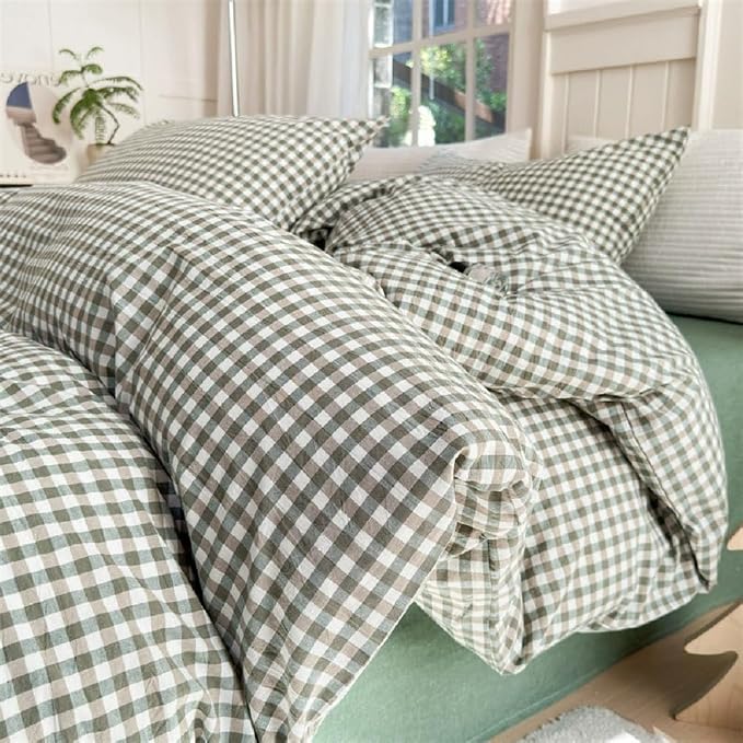 LifeTB Green Gingham Comforter Set King Modern Style Plaid Comforter Set 3 Pieces Boho Grid Comforter with 2 Pillowcases Fluffy Soft Checkered Pattern Comforter Gingham Bedding Comforter King