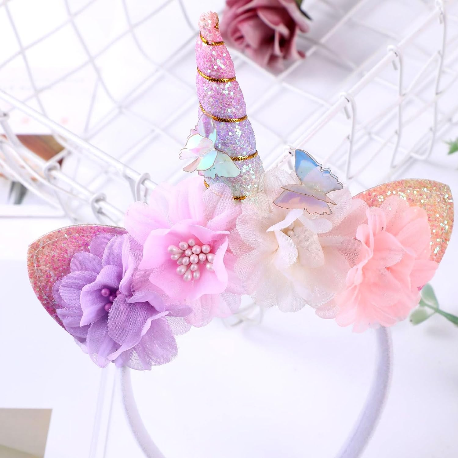 Unicorn Horn Headband - Glitter Pink Flower & Butterfly Unicorn Ears Hairband – Women's Magical Floral Hair Accessory for Women Halloween Christmas Cosplay & Birthday - Image 4