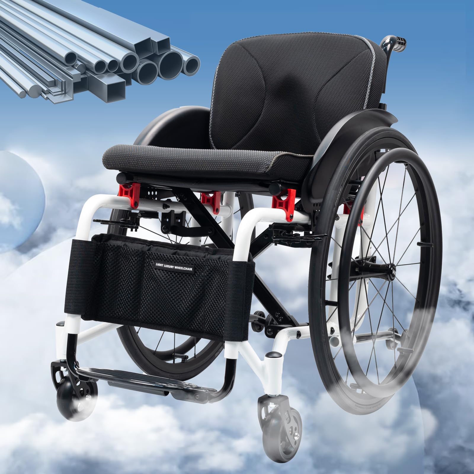 Rotelle Pieghevole, Sedia a Rotelle Leggera Sportiva, Sedia a rotelle Manuale semovente,Sedia a rotelle in Lega di Alluminio,Ruote Estraibili con Un Solo Pulsante(Seat Width 40cm/15.7in,B)