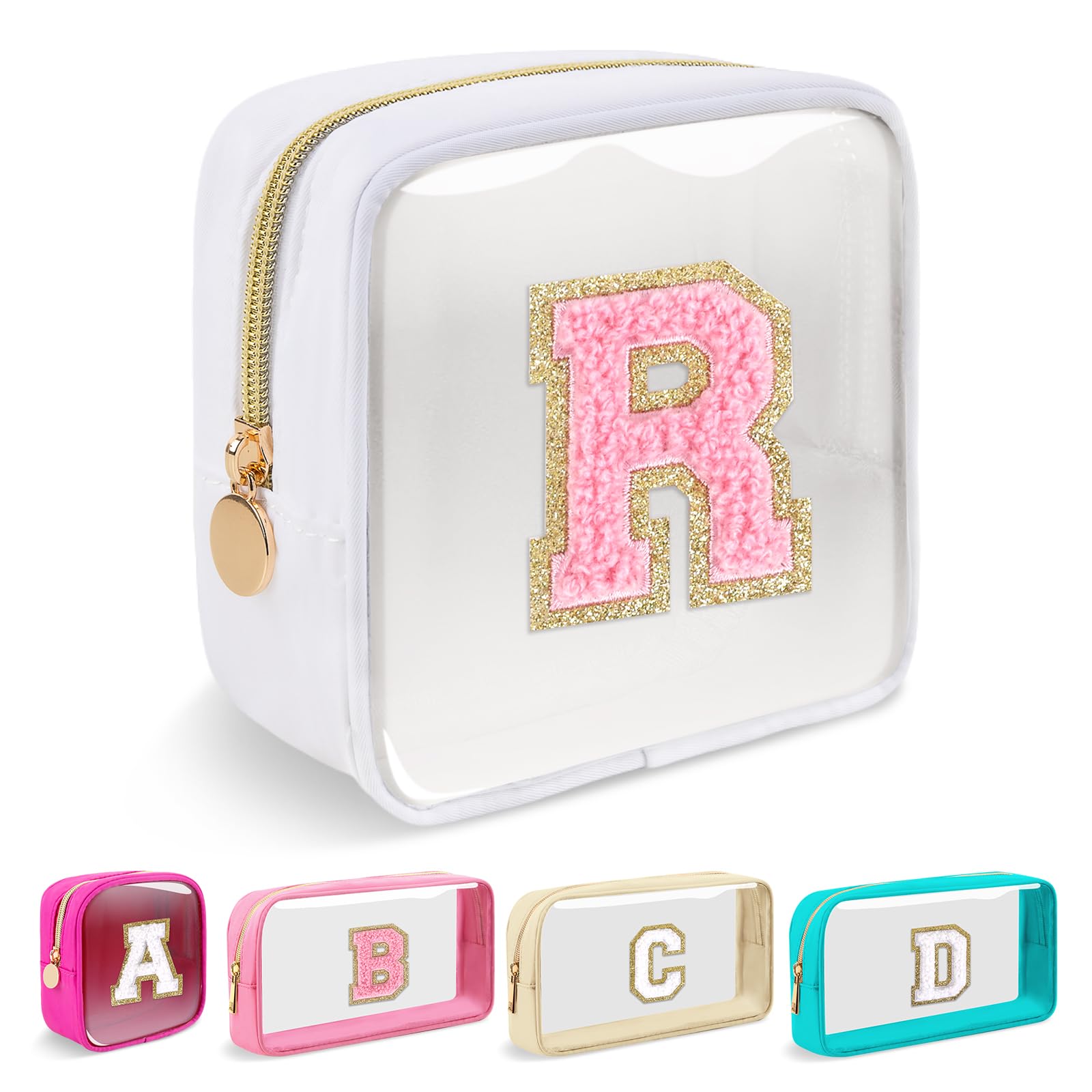 Mini Clear Personalized Initial Makeup Bag,Nylon Preppy A-Z Chenille Letter Patch Zipper Cosmetic Bag, Small Cute Beach Pouch Travel Purse Sanitary Napkin Storage Bag for Women Girls(White-Pink R)