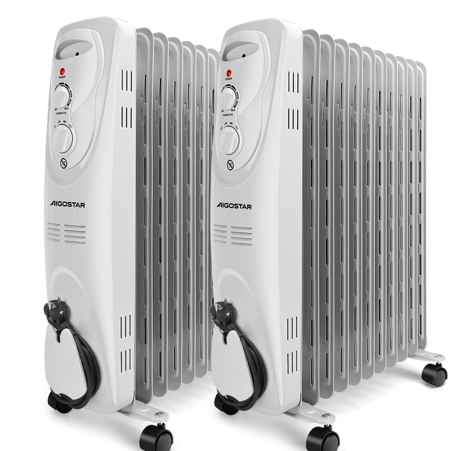 Aigostar Radiateur à Bain d’huile 2300W, 11 éléments Chauffants.3 Niveaux de Puissance et Thermostat Réglable. Gris Clair. Silencieux.2PCS