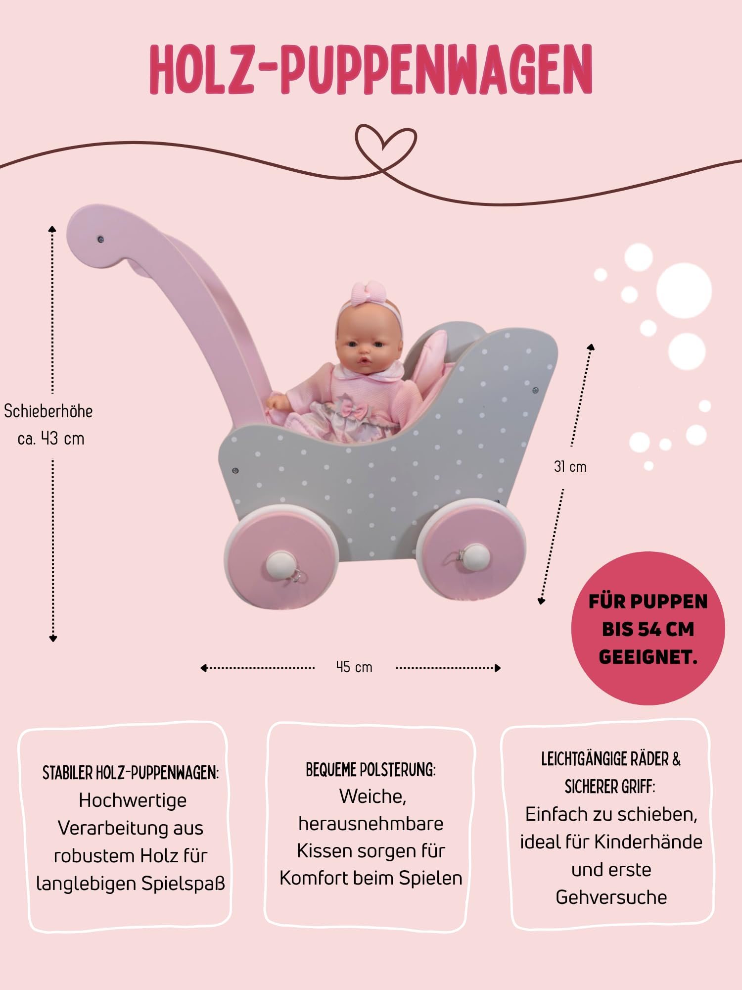 Bayer Chic 2000 Poussette en Bois pour poupées jusqu'à 54 cm, Landau en Bois, Hauteur coulissante 43 cm, Gris Puntos