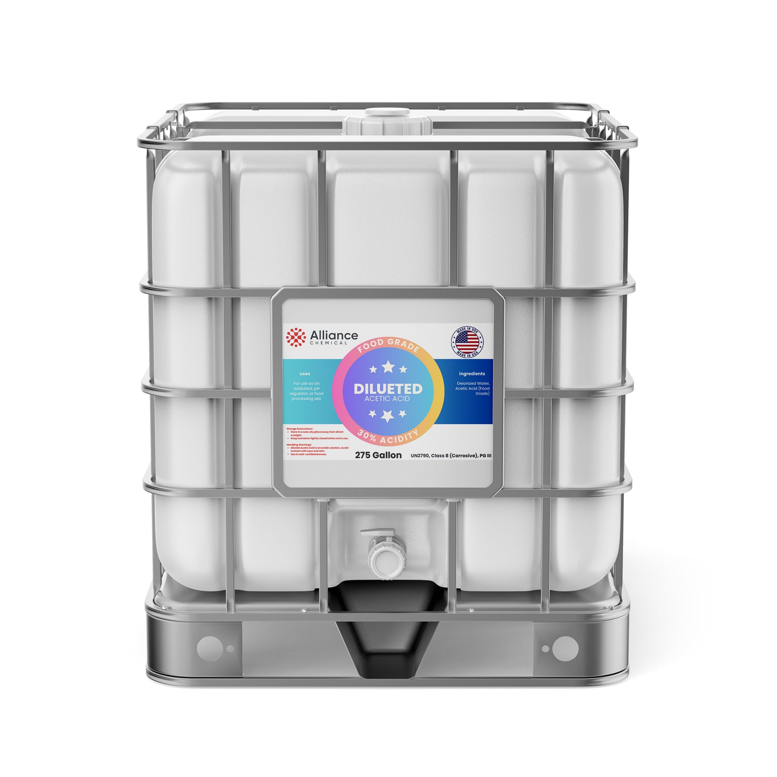 30% Diluted Acetic Acid Food Grade - 275 Gallon IBC Tote – for Industrial Cleaning, pH Adjustment, and Chemical Processing