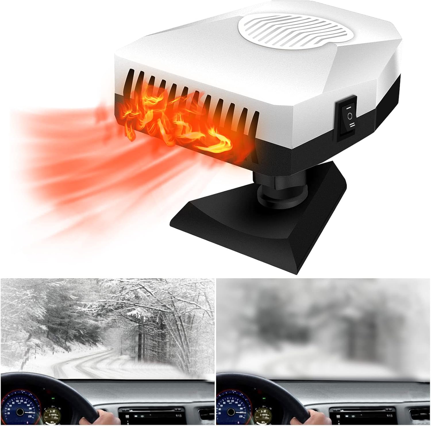 Qdreclod 12V Calefactor y Ventilador de Coche Portátil, 2 en 1 150W Mini Descongelador Parabrisas y Desempañador de Nieve para Coche con Rotación de 360°,Conectar a Encendedor de Cigarrillos