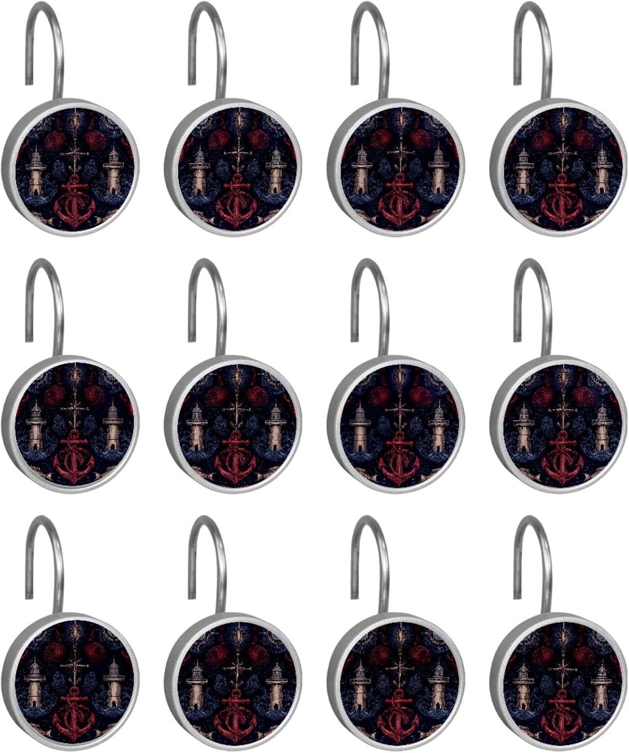 Set of 12 Vintage Nautical (2) Shower Curtain Hooks, Stainless Steel Rust-Resistant Decorative Hanger Rings