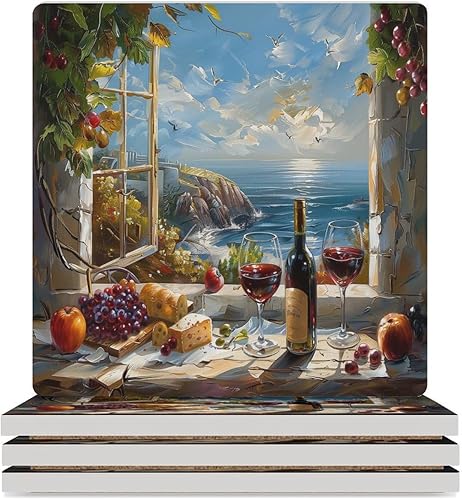 Miniatura 35 de Round-4 posavasos de cerámica para vino tinto, posavasos redondos absorbentes para bebidas, estilo vintage de madera, vino tinto, uvas, frutas y