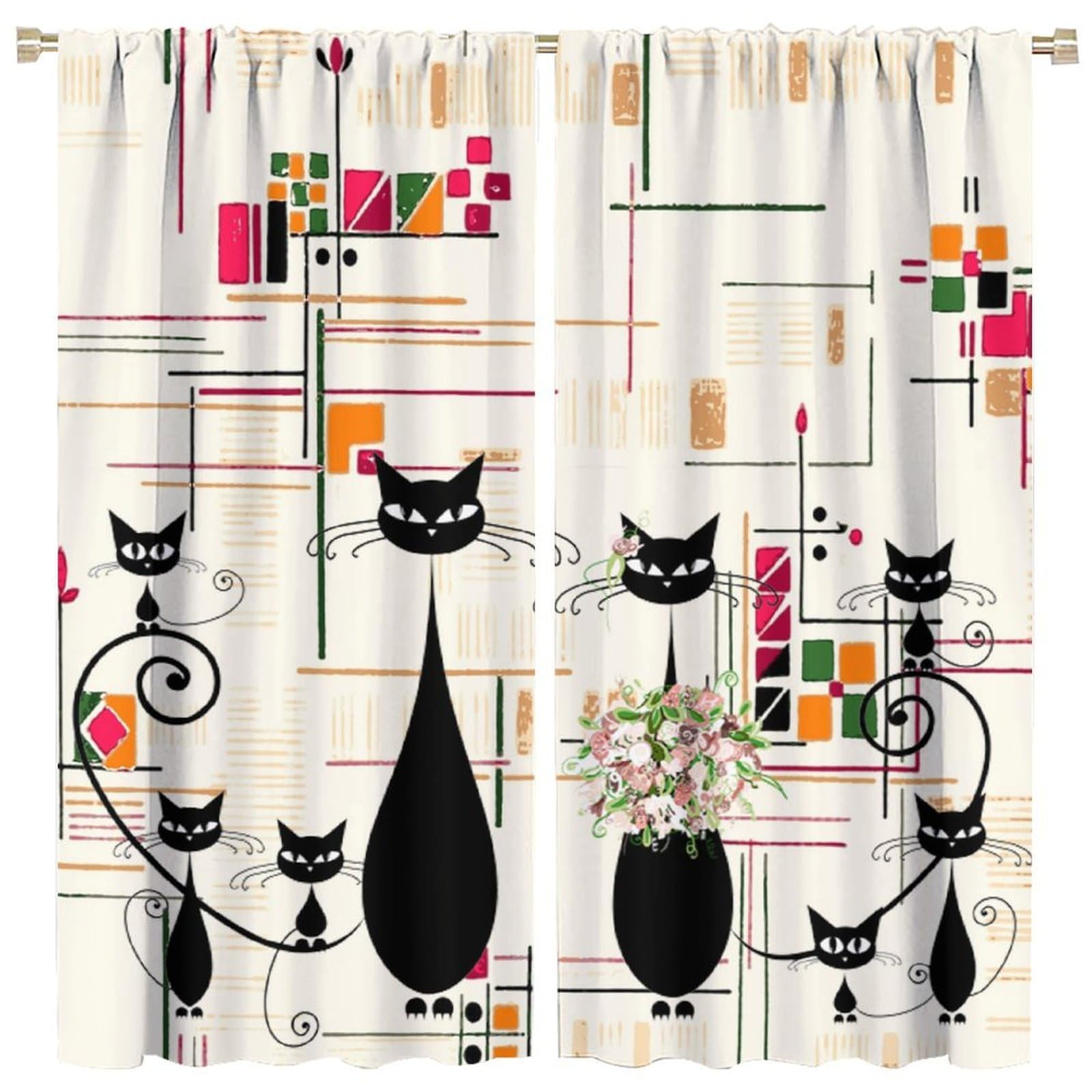 FengMingRui Mid Century Modern Curtain Retro Black Cat Abstract Geometric Minimalist Aesthetic Vintage Window Treatment for Kids Boys Girls Bedroom