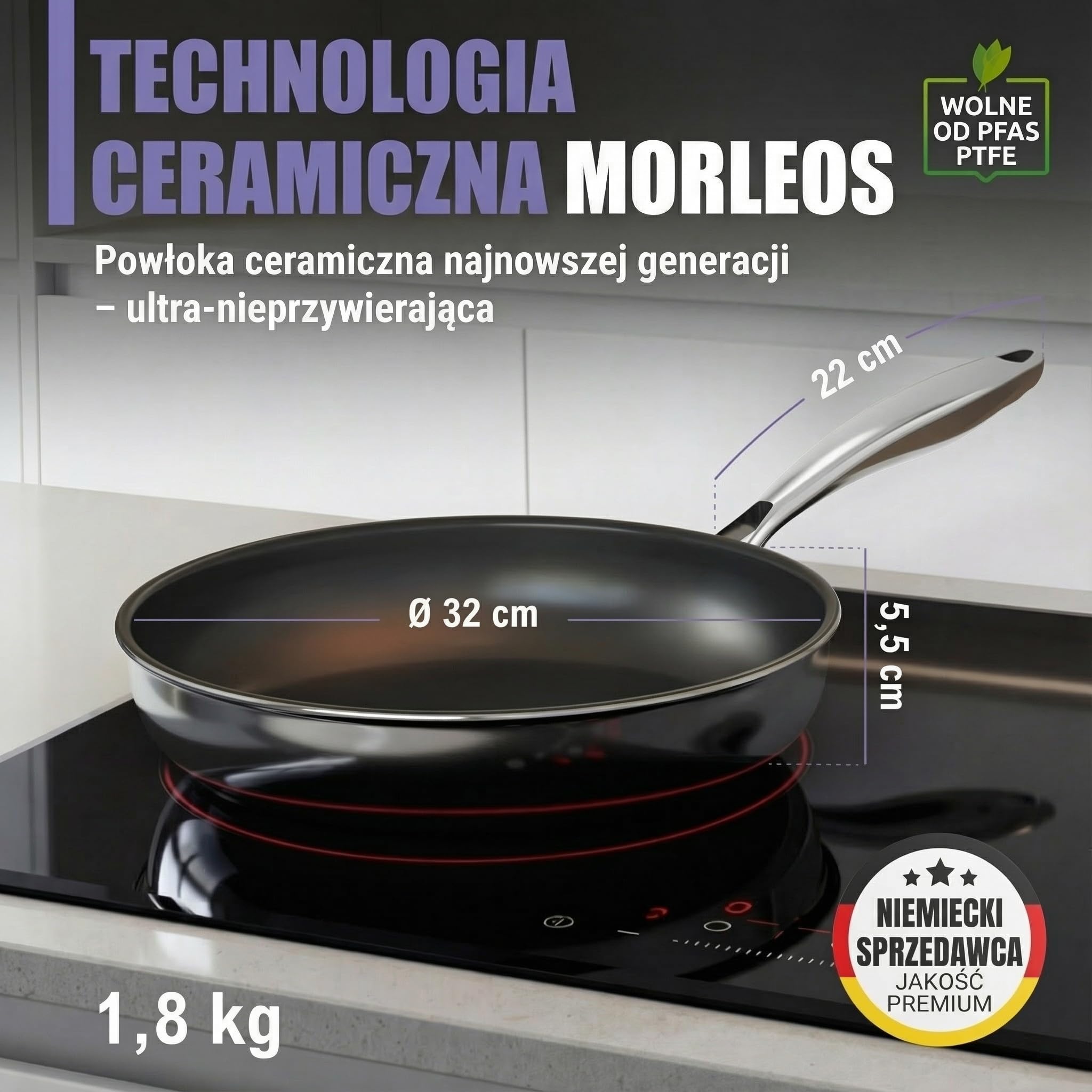 Patelnia ceramiczna 32 cm, powłoka ceramiczna | 5 warstw - 3 mm - 1,67 kg | do indukcji, nieprzywierająca, bez PFAS i PTFE | Można myć w zmywarce i używać w piekarniku do 250°C