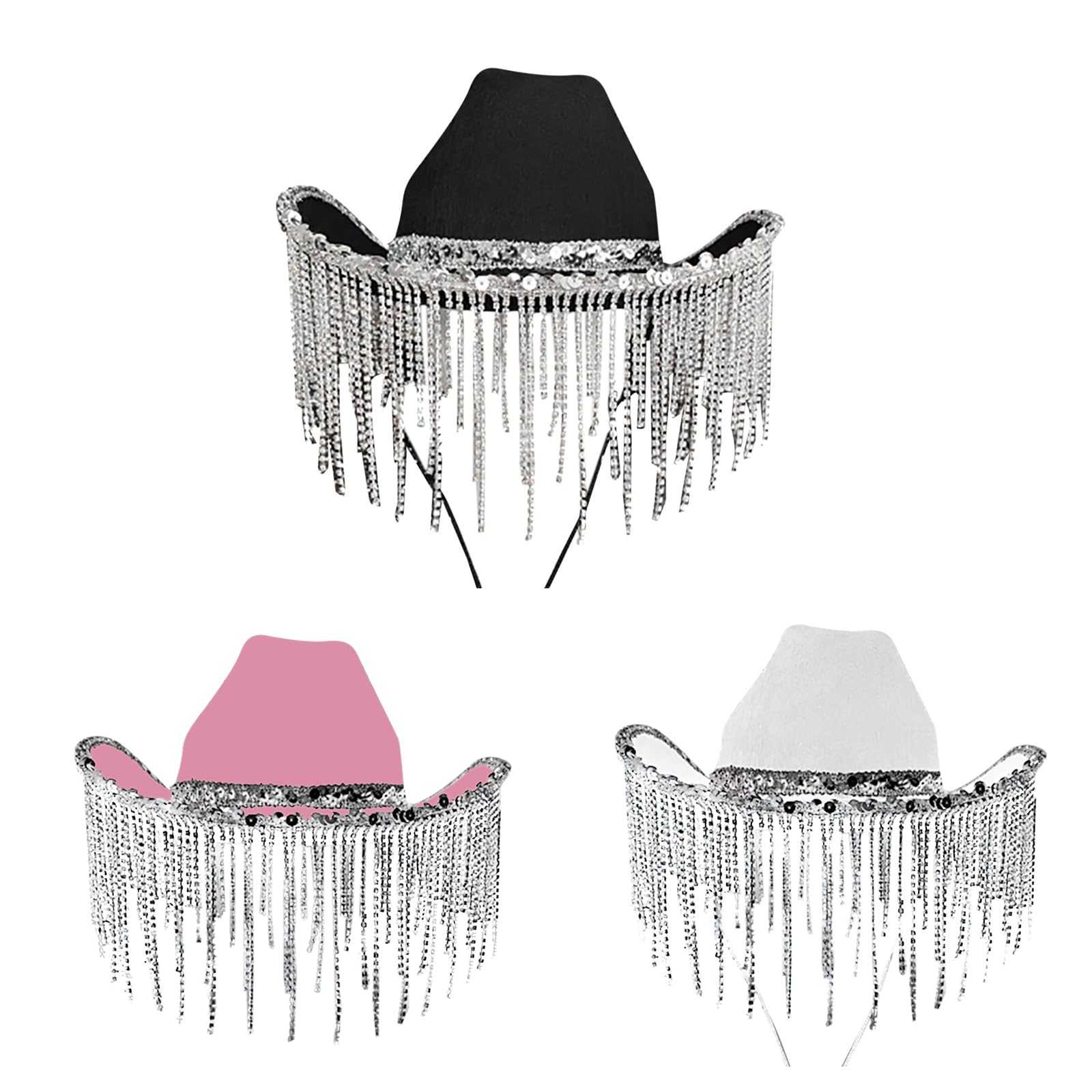 Cappello da cowgirl per adulti cappello da cowboy con paillettes strass frangia adatta alla maggior parte delle donne per feste a tema nero bianco