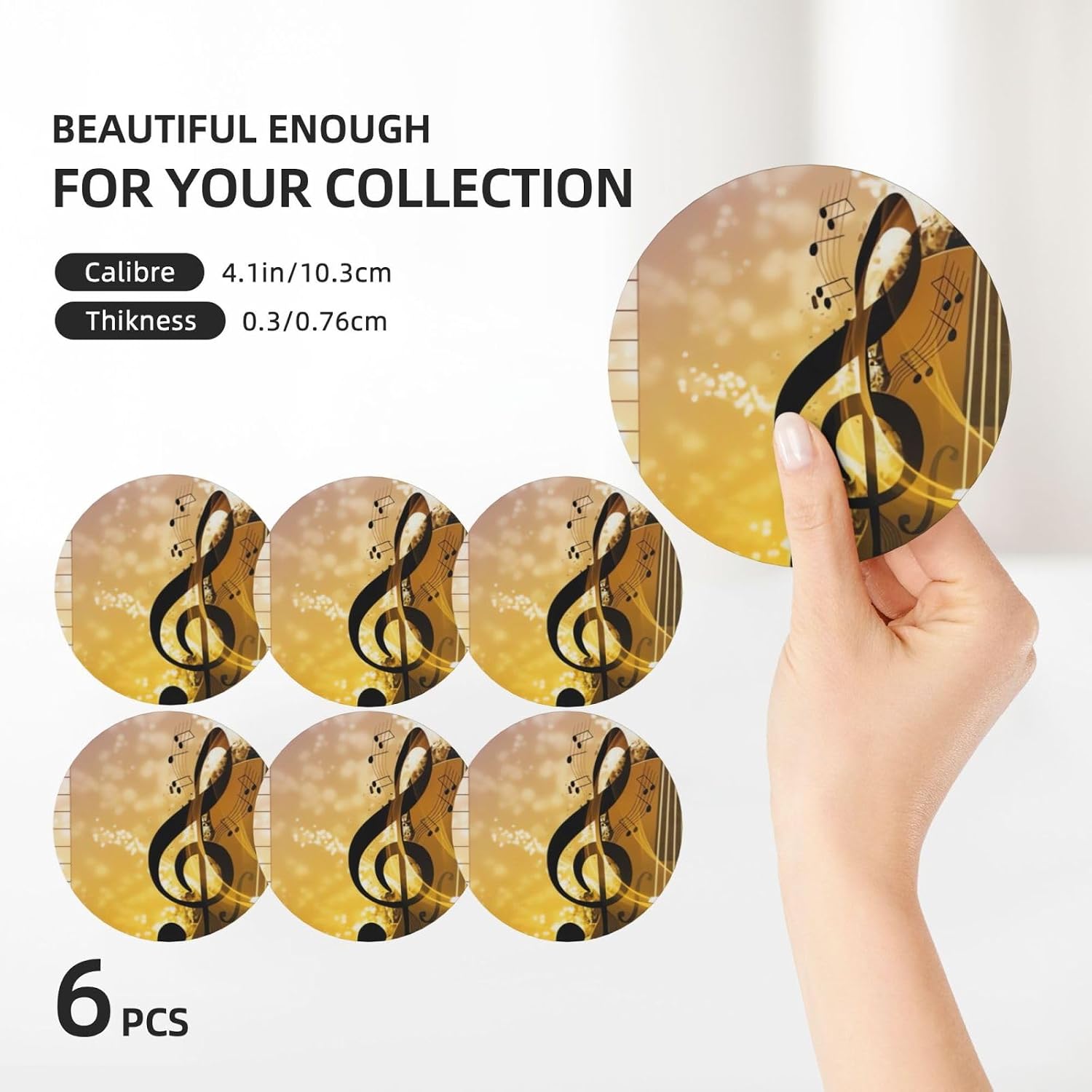6Pcs Drink Coasters with Holder, Absorbent Ceramic Coasters Set with Cork Base for Tabletop Protection,Decorative Coffee Cup Mat Piano Violin Music Notes Bar Coaster for Home Decor Gift image 3