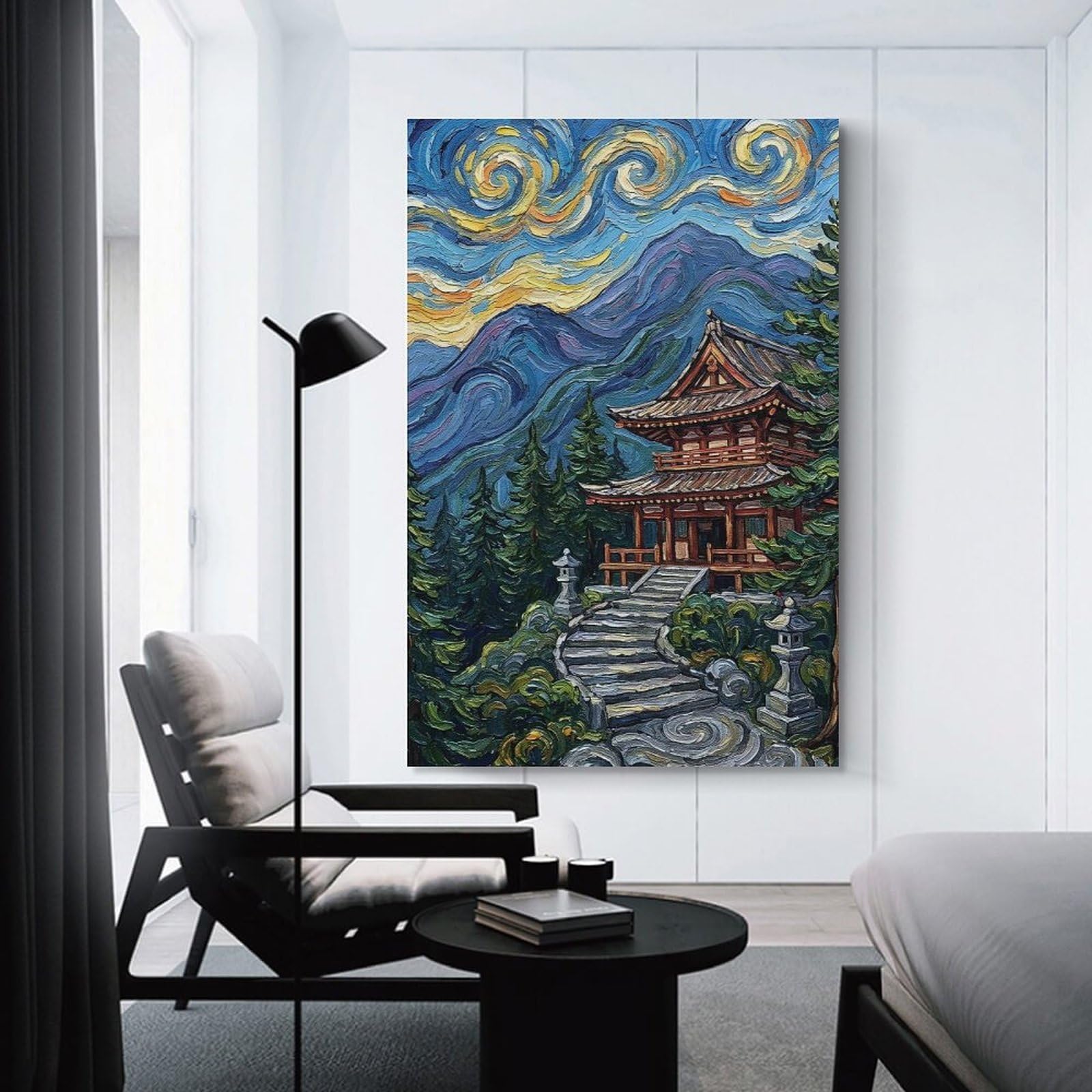 Junmoney Japanese Temple Under Starry Sky Wall Picture Print 24x36inch(60x90cm), for Corridors, Hallways Or Apartment Entries, Wall Decor to Refresh Empty Corners
