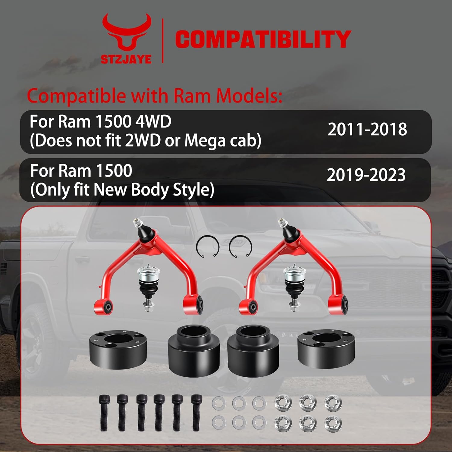 3 Inch Front 2 Inch Rear Leveling Lift Kit with 2-4inch Upper Control Arms compatible with 2011-2023 Ram 1500 2WD 4WD, Front Adjustable Suspension Tubular Arms with 2 Replace Ball Joints and Blocks