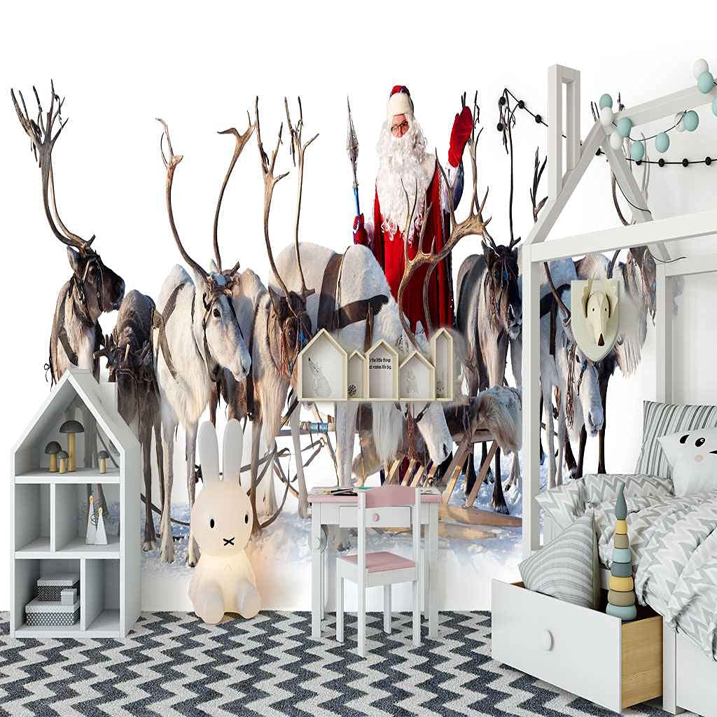 Poster géant de Noël et wapiti 3D pour créer une ambiance magique dans le salon