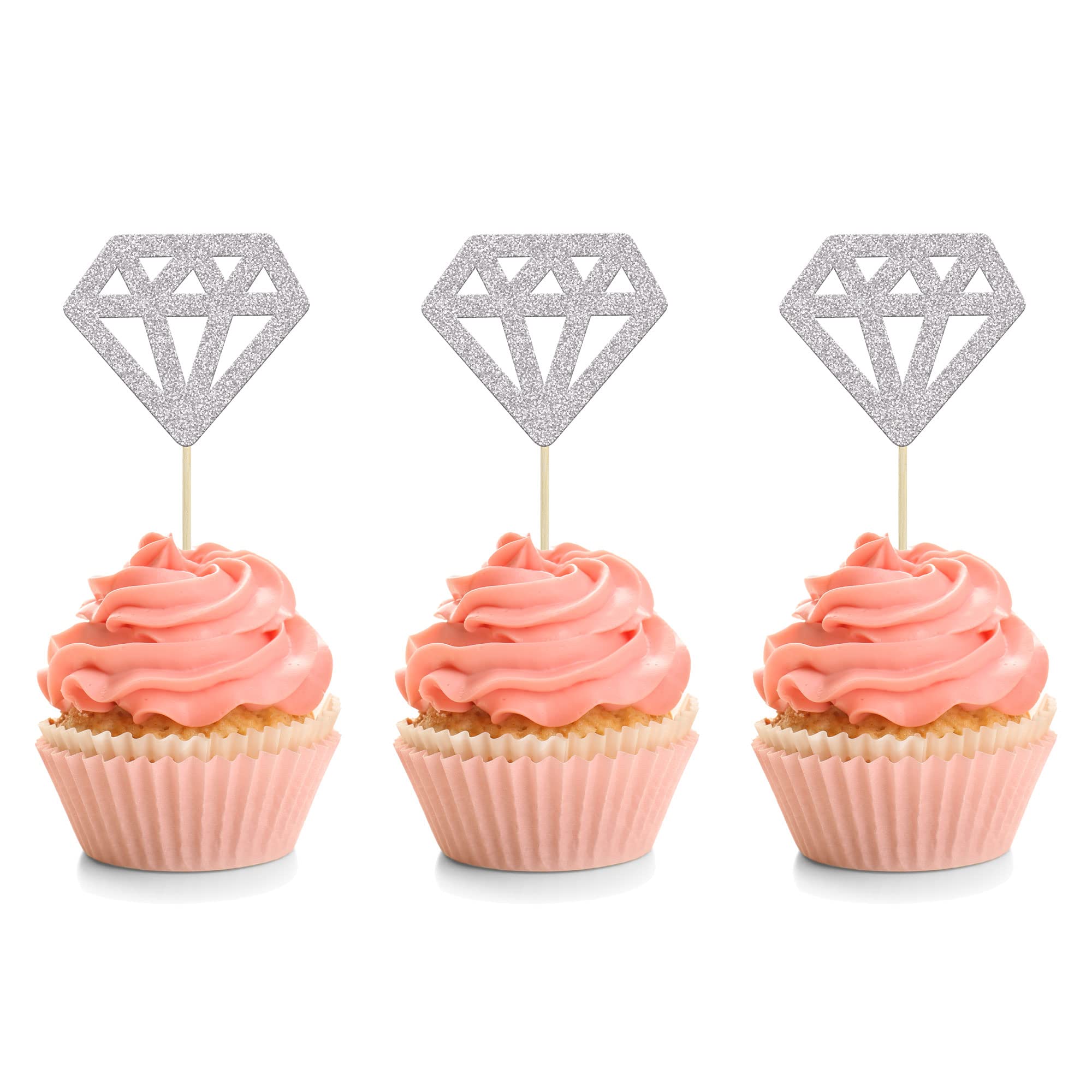 24Pcs Diamond Ring Cupcake Toppers Silver Glitter Diamond Wedding Ring Cupcake Picks for Marriage Engagement Anniversary Valentines Party Cake