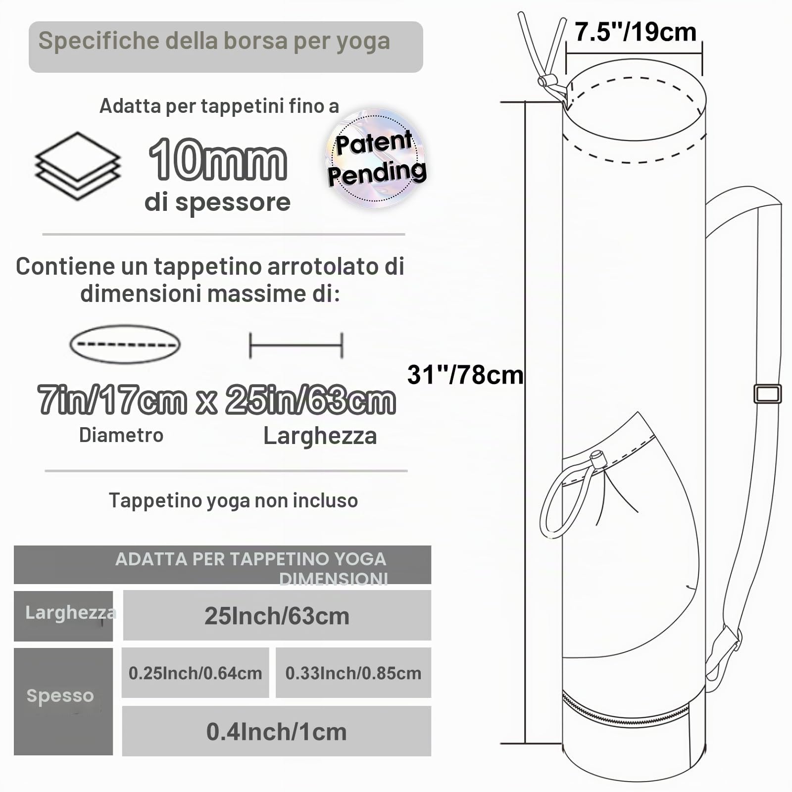 sportsnew Borsa da Yoga Donna Borsa Yoga Porta Tappetino Adatto Per la Sala Fitness Pilates Spallacci Regolabili Fondo Indipendente Cerniera Scomparto Umido