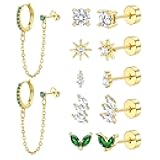 Gold Flat Back Earrings for Women, 14K Gold Plated Trendy Cartilage Earring Sets for Multiple Piercing Hypoallergenic Small Huggie Hoop Earrings Stacks with Dangle Chain Dainty Gold Stud Earrings