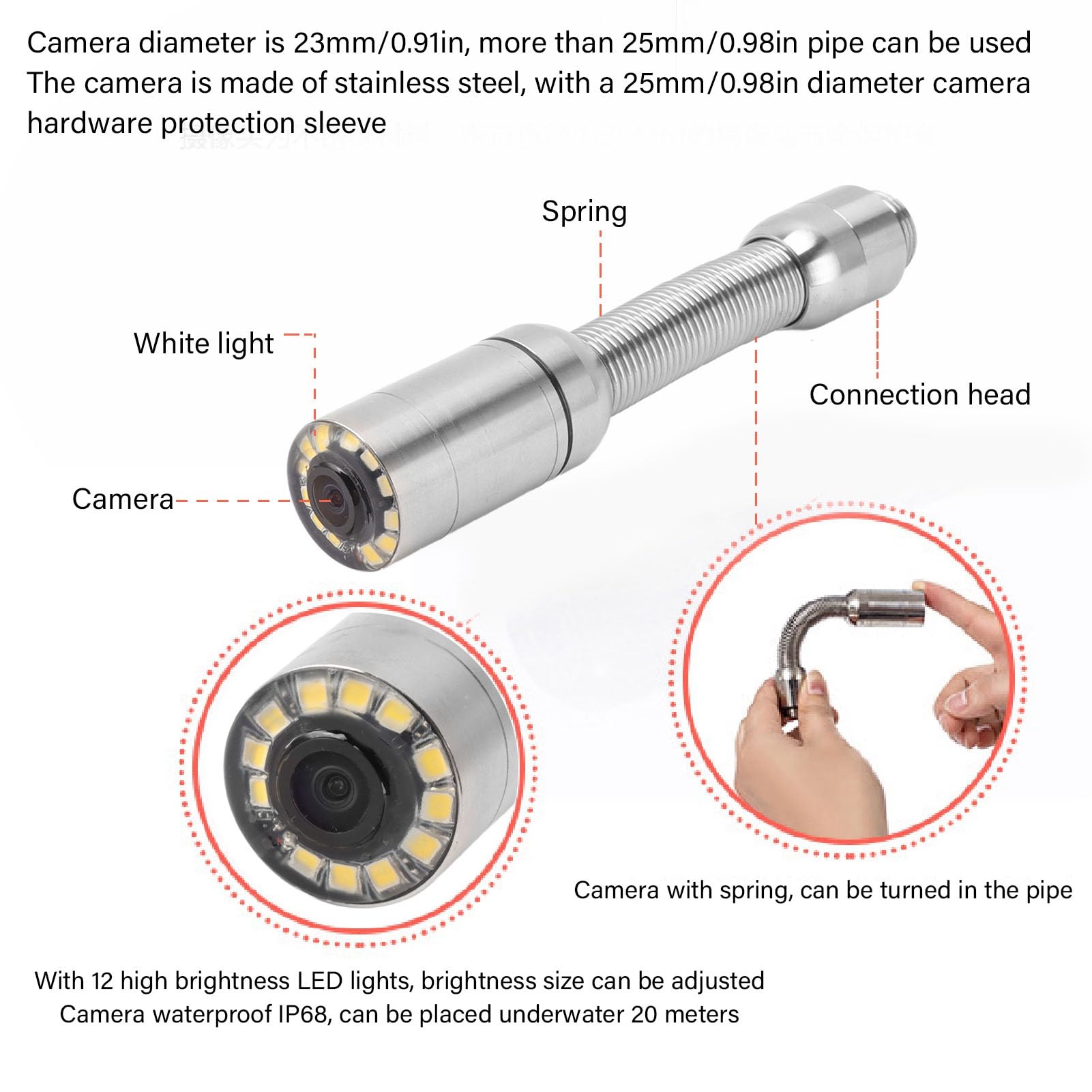 Socobeta Testa della Telecamera per Ispezione Fognature IP68 da 23 Mm 12 Luci a LED Filettatura da 15 Mm per Endoscopio di Scarico del Tubo