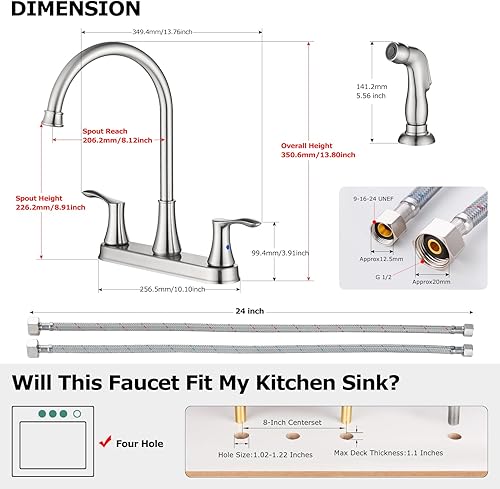 Miniatura 5 de PARLOS Grifo de cocina de 8 pulgadas con rociador lateral, grifo de fregadero de cocina de arco alto de 2 manijas con líneas de suministro,