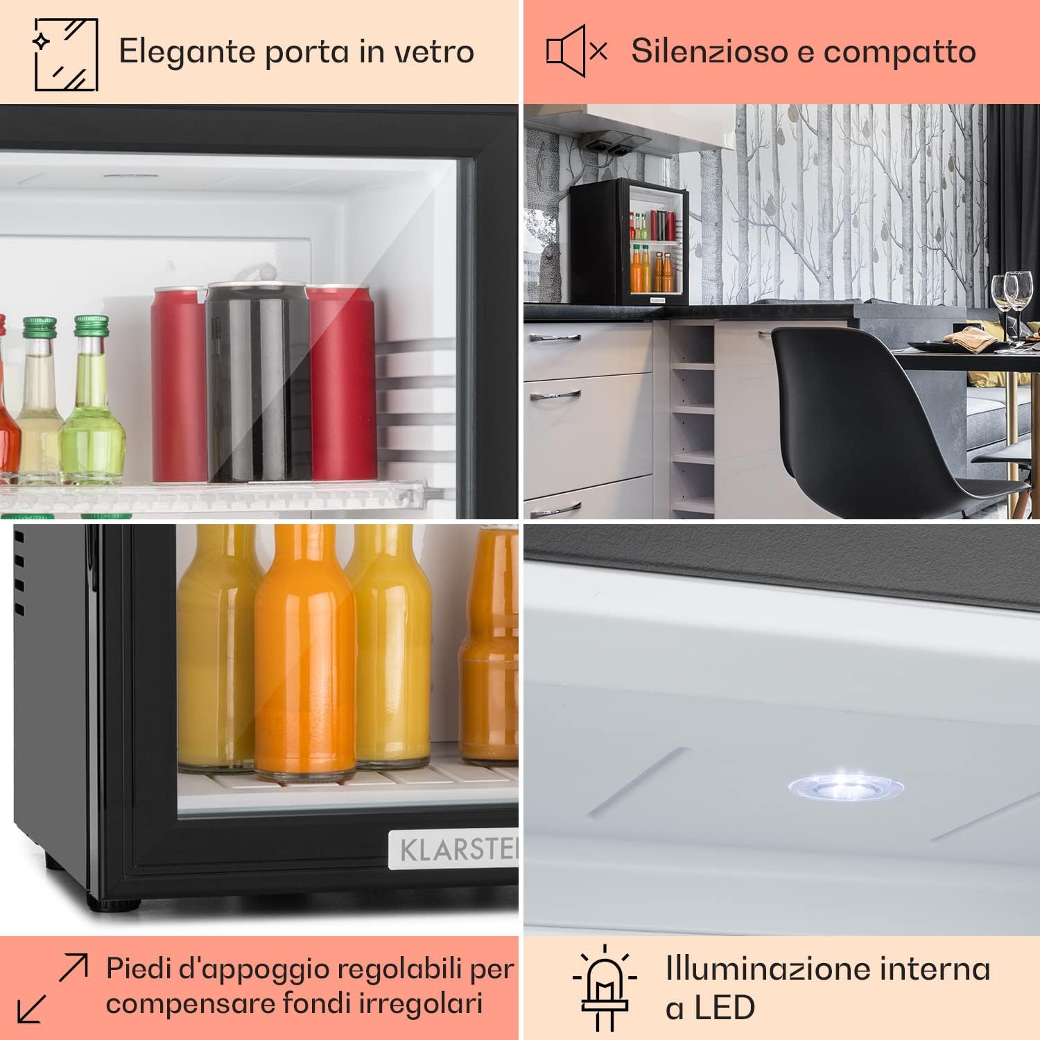 Klarstein MKS-12 - Minibar, Mini Frigorifero, Frigorifero per Bevande, Classe E, Volume 24 Litri, Silenzioso, 1 Ripiano, Porta a Vetro, 3 Stadi di Temperatura, Nero