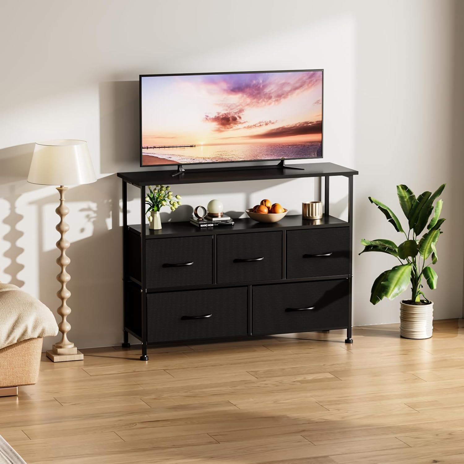 Simple Deluxe TV Stand Dresser for Bedroom Entertainment Center with 5 Fabric Drawers, Storage Organizers Units for Living Room, Media Console Table with Open Shelf up for 45" TV, Black, Wood top