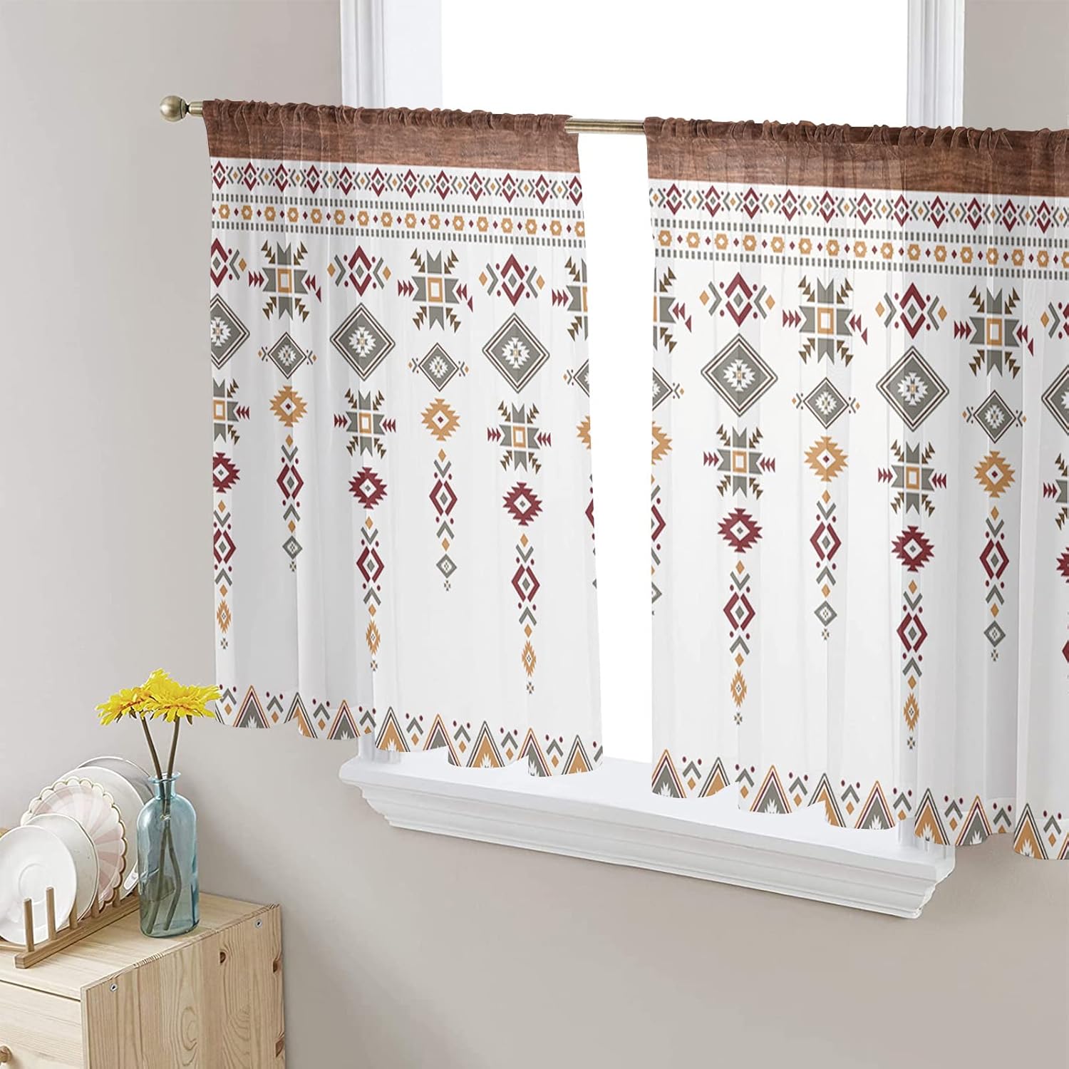 Sheer Curtains 45 Inches Long, Southwest Native American Tribal Totem Boho Window Treatment Panels Light Filtering Rod Pocke Curtain Voile Drapes for Bedroom/Living Room Each 52" W x 45" L