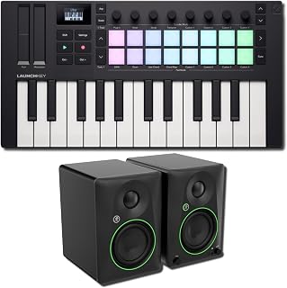 Novation Launchkey Mini 25 MK4 Mini MIDI Keyboard Controller Bundle with Mackie CR4.5BT 4.5-Inch Bluetooth Powered Monitors — 16 RGB Pads, OLED, 50W for Music Production, Beat Making, Home Studio