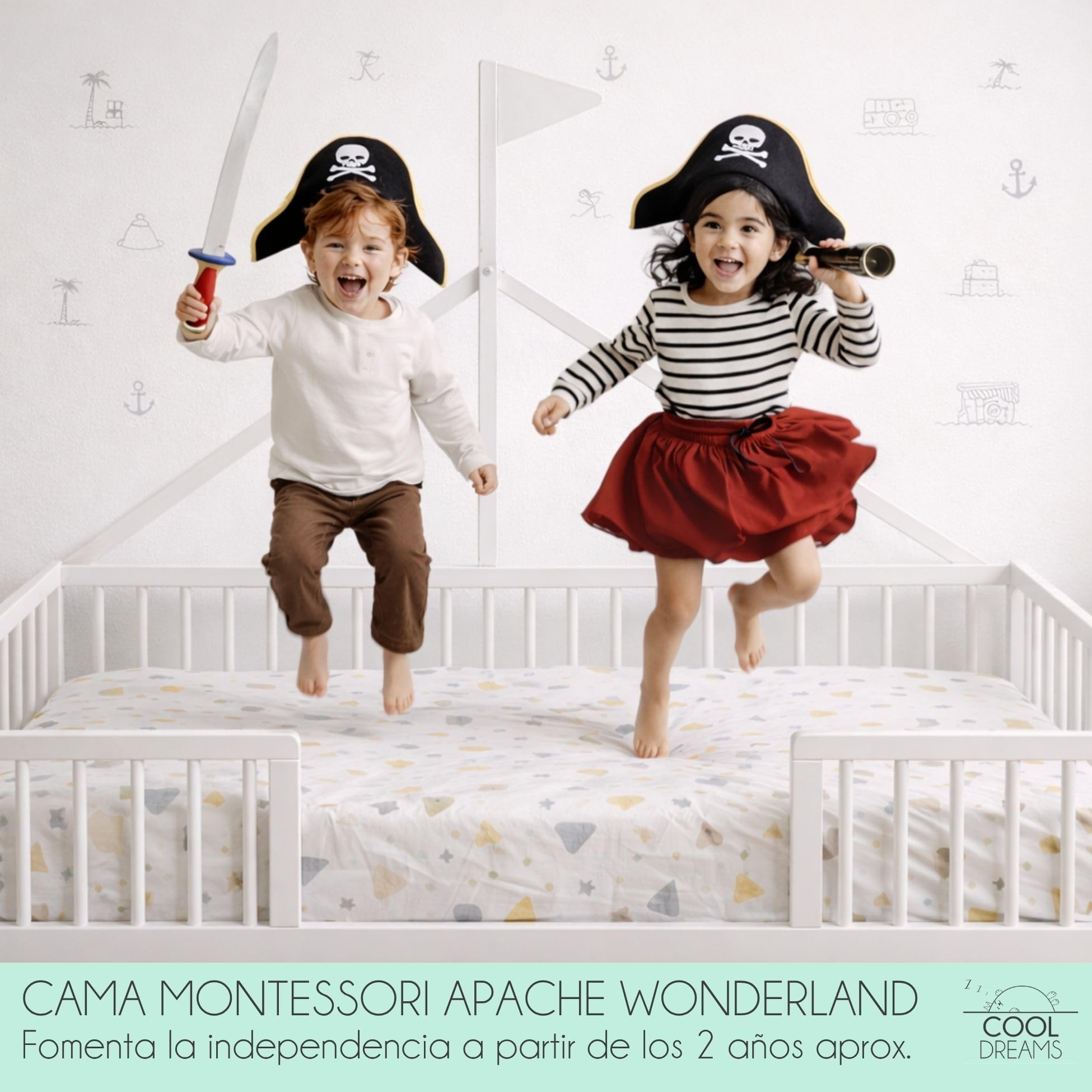 Cama Montessori 140 × 70 cm de Madera de Haya, Incluye colchón Morfeo y Funda Impermeable, Modelo Apache Wonderland, Color Blanco CoolDreams