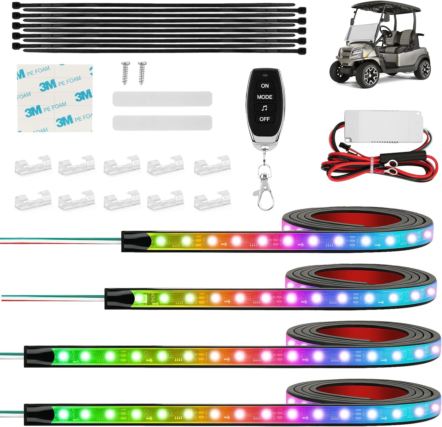 Golf Cart Underglow LED Light Strip Kit, 28 RGB Modes with Music Sync & Wireless Remote | IP67 Waterproof 12-85V Wide Voltage,Fit Club Car, EZGO, Yamaha (4 PCS Strip Set)