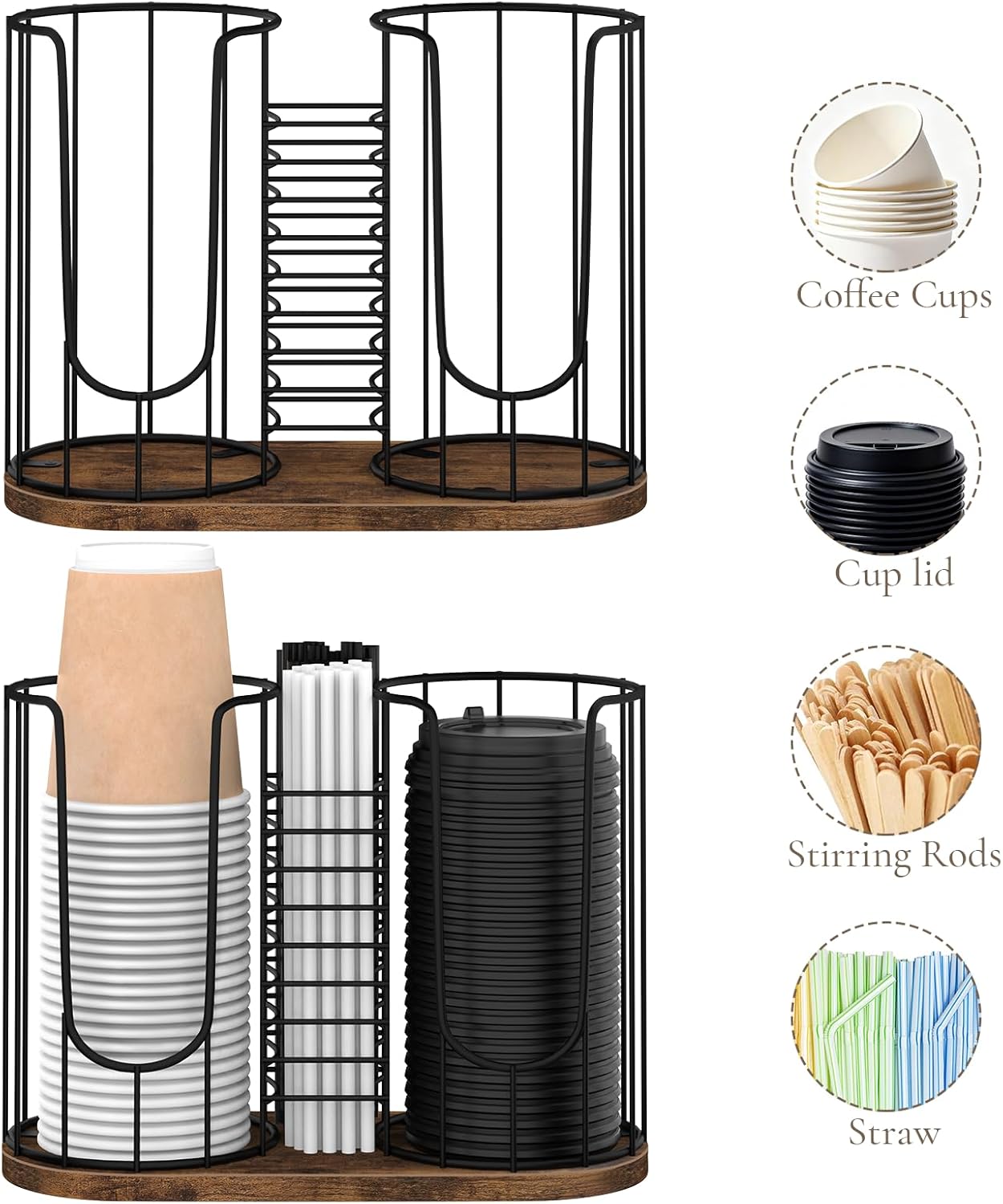 Coffee Cup Holder 18oz 3-Compartment Paper Cup Dispenser Rack with Wood Base - Disposable Cup, Straw & Lid Organizer 3-in-1 Storage for Countertop, Coffee Bar, Kitchen, Office