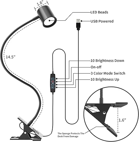 Miniatura 6 de Dott Arts Lámpara de escritorio, luz de clip USB, luces de libro para leer por la noche, 3 modos de color, 10 luces de abrazadera de brillo, luz de