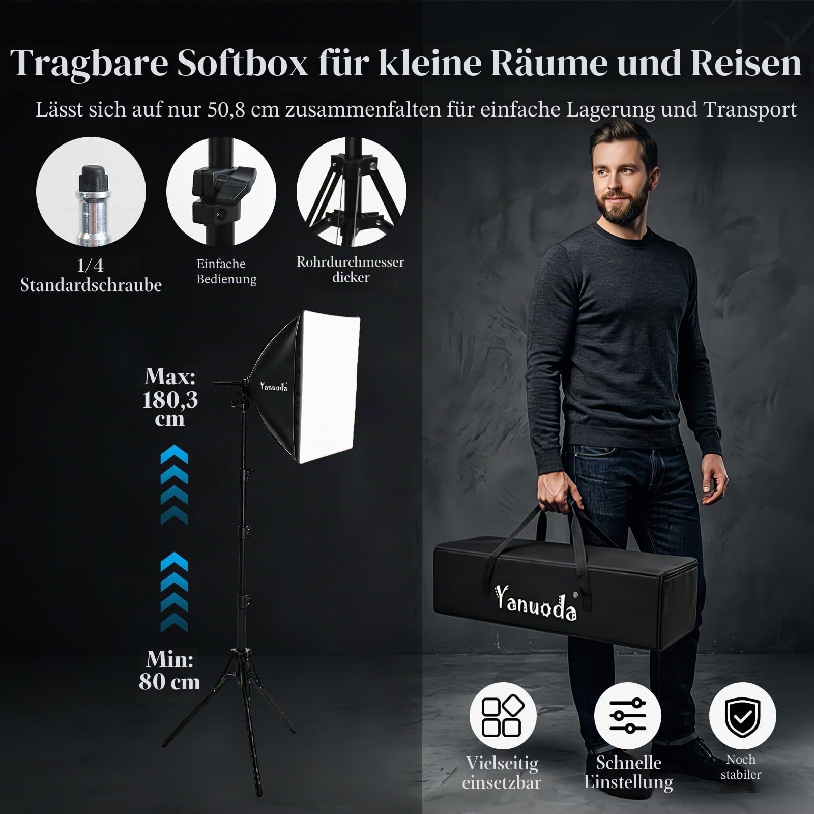 Softbox Fotostudio Set 40x40cm Fotolicht mit 95W LED-Lampe (3000–7500K, E27) – Studio-Beleleuchtung für Fotografie, Videos, Live-Streaming und Portraits