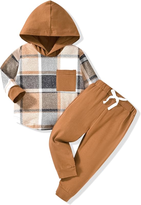 HINTINA Toddler Little Boy Plaid Sweatsuit Outfits Long Sleeve Hooded Sweatshirt Hoodie Fall Winter Clothes Clothing Set