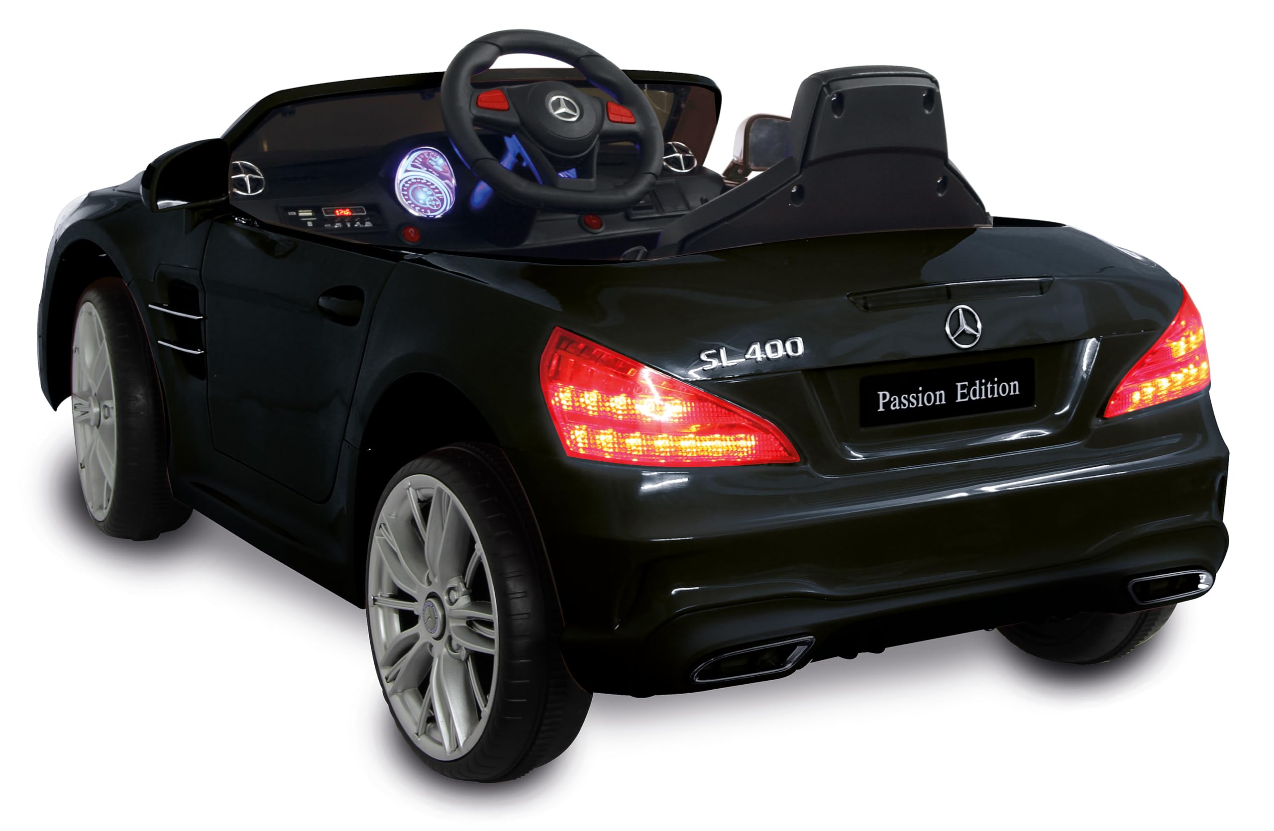JAMARA 460439 Ride-on Mercedes-Benz SL 400 12V – Kinder Elektroauto, 2 Leistungsstarke Antriebsmotoren und Akku für Lange Fahrzeit, Micro-SD-Slot, AUX-/USB-Anschluss, LED, Ultra-Grip Gummiring