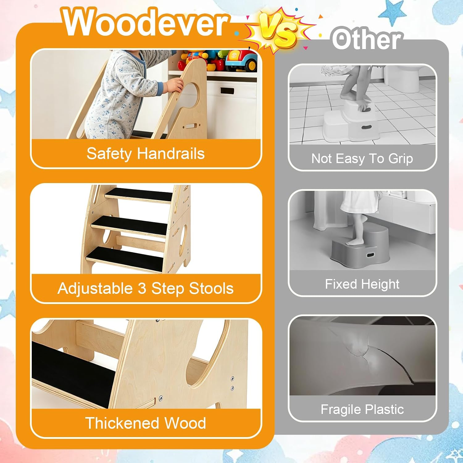 Wooden Toddler Step Stool, Height-Adjustable 3-Step Stool for Kids with Safety Handles & Non-Slip Pads, Multi-Purpose Potty Training Stool for Bathroom Sink, Kitchen Counter & Bedroom