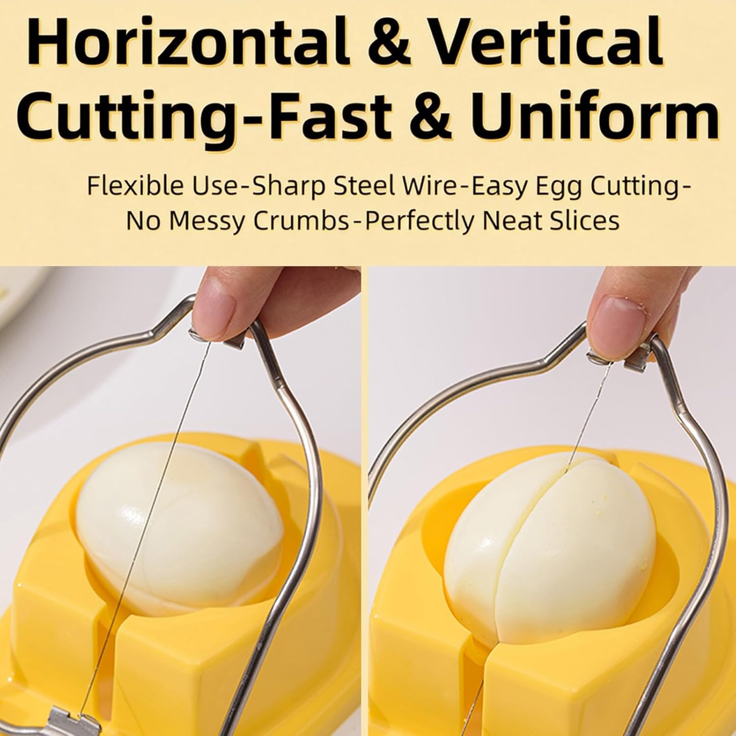 Egg Slicer, Semi-Round Curved Yellow Egg Cutter for Hard Boiled Eggs – Stainless Steel Wire Cutter with Ergonomic Handle for Salad, Cobb Salad, Avocado Toast & Food Garnish, Easy to Clean (3)