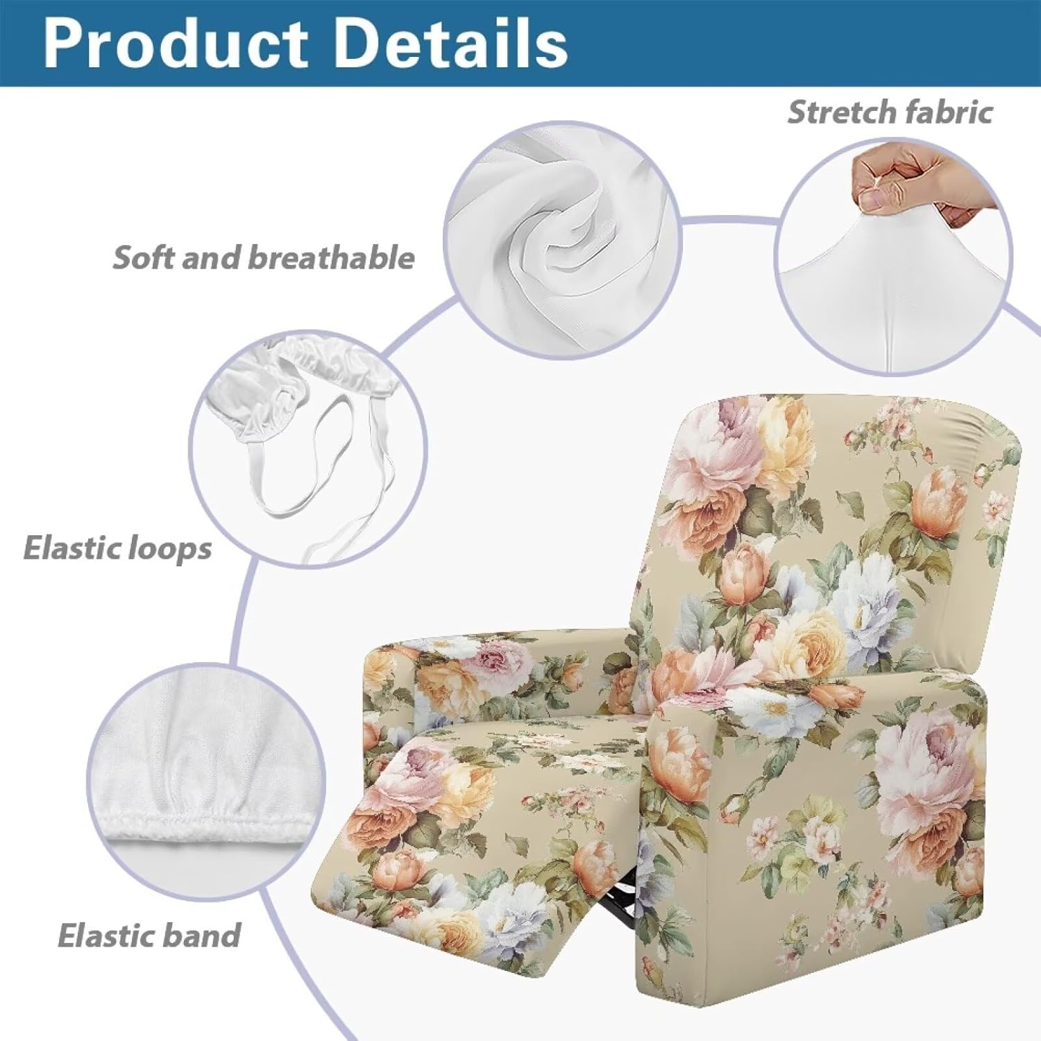 Peony Flowers Recliner Chair Covers Slipcovers Floral Sofa Slipcover for Reclining Chairs Protector Washable Stretchy Reclining Couch Covers with Pocket for Home Decoration
