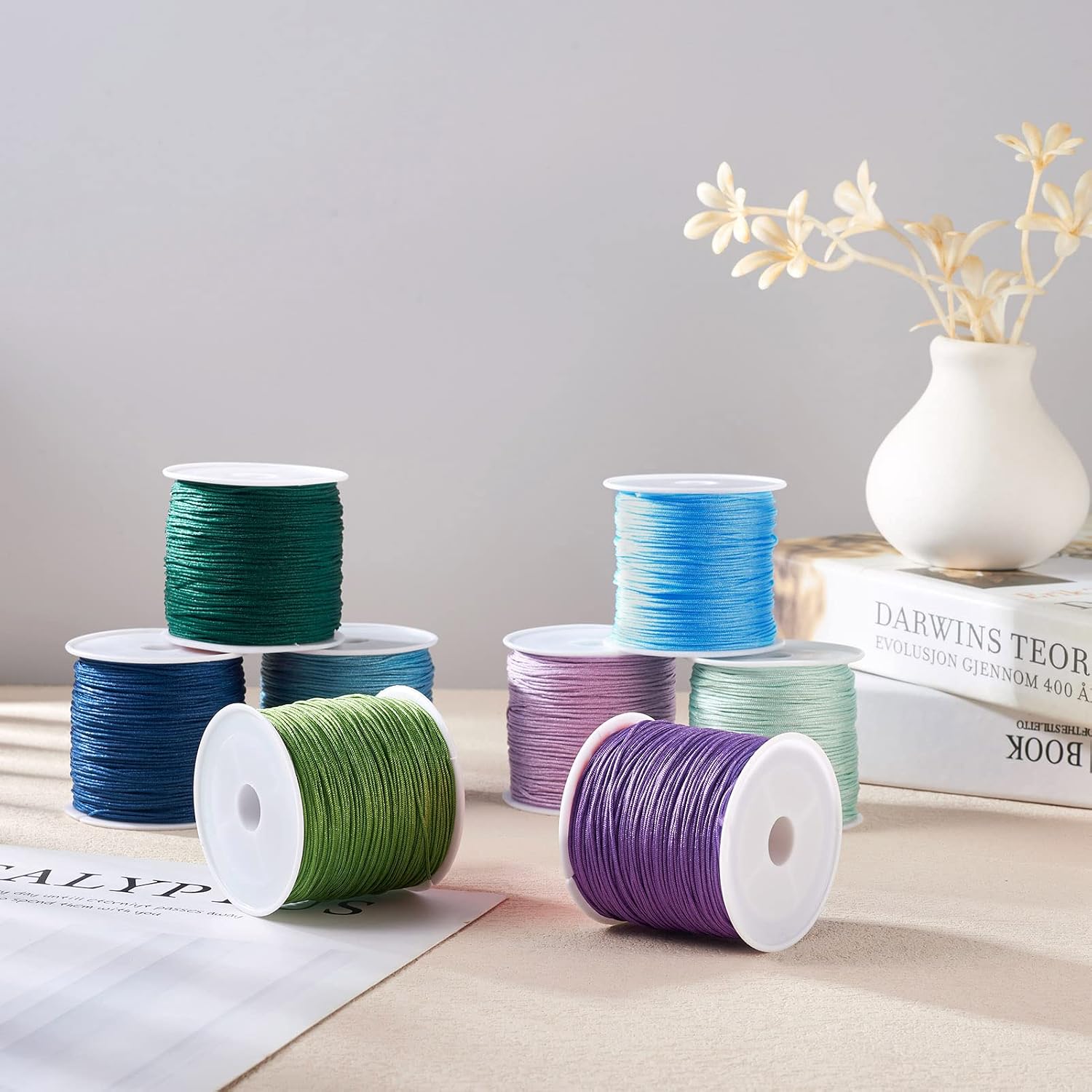 Beadthoven 0.8 mm Nylon String for Bracelets, 400 Yards Nylon Beading Thread, Chinese Knotting Cord, Braided Nylon Cord for Jewelry Making Wind Chime Blinds Kumihimo Macrame Craft Blue Green Purple