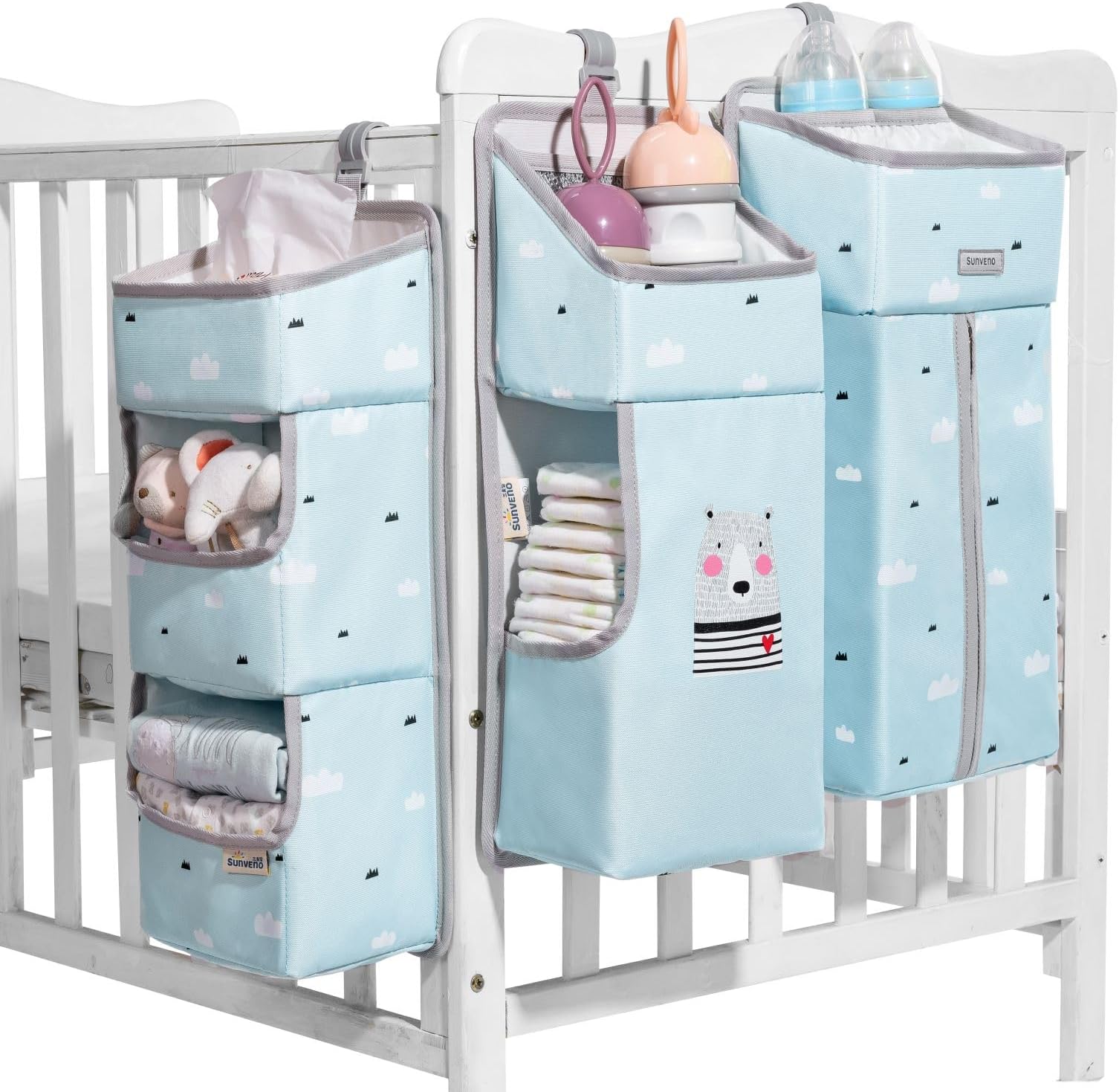SUNVENO 3-in-1 Detachable Changing Table Diaper Organizer, Crib Hanging Diaper Organizer for Baby Essentials Storage, Blue