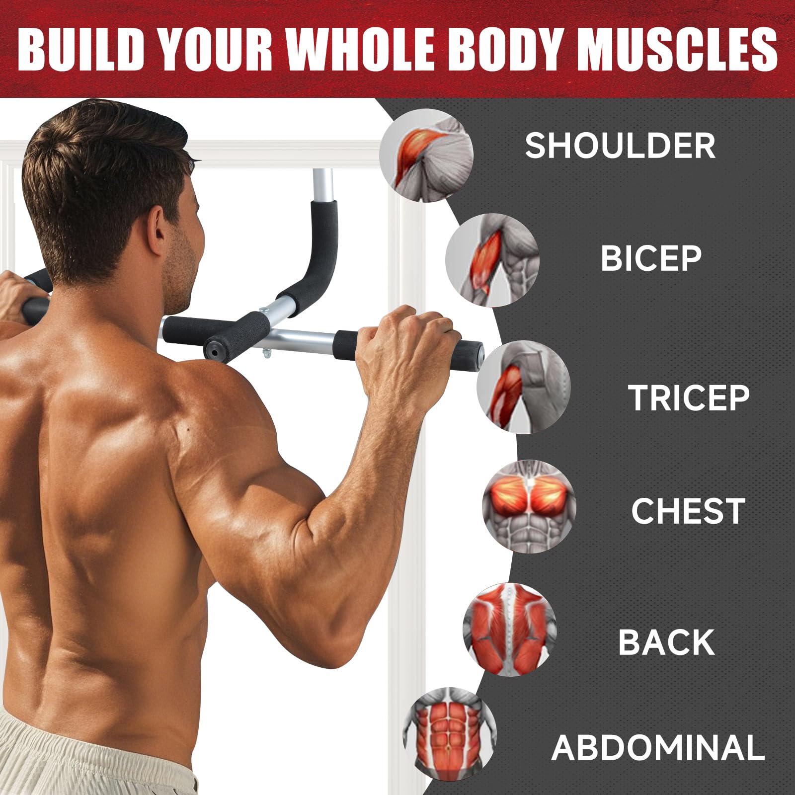 leikefitness Pull-Up Bar For Door Frame, przenośny Multi 3 Grips Doorway Grip Chin Up Bar do domu, instalacja bez wiercenia, gruba stal, Heavy Duty Hook Bar (srebrny)