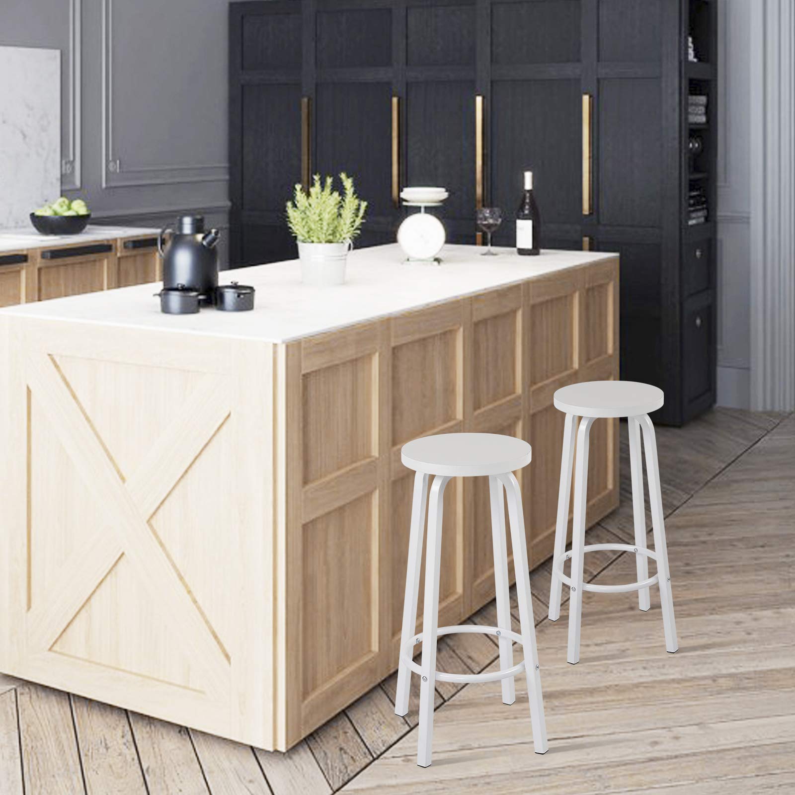 WOLTU Sgabelli da Bar Set di 4, Sgabello Alti 72cm con Poggiapiedi Seduta Tonda Alta Sedia per Cucina Ristorante in Acciaio e Legno Bianco