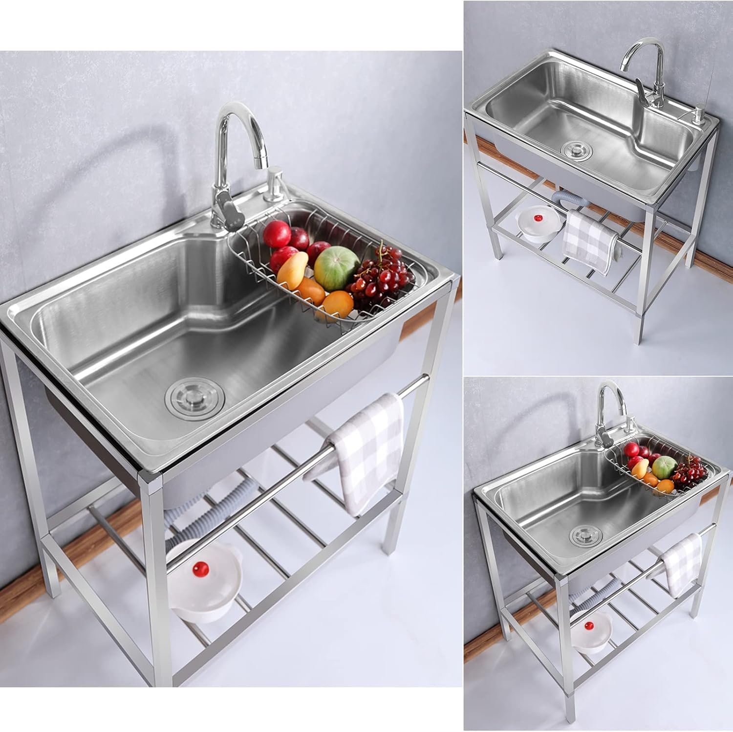 Utility Sink,Free Standing Stainless Steel Sink,Commercial 304 Outdoor Sink,Utility Sinks for a Laundry Room 1 Compartment with Faucet, Kitchen Sink for Garage,Restaurant,Laundry Room,Indoo