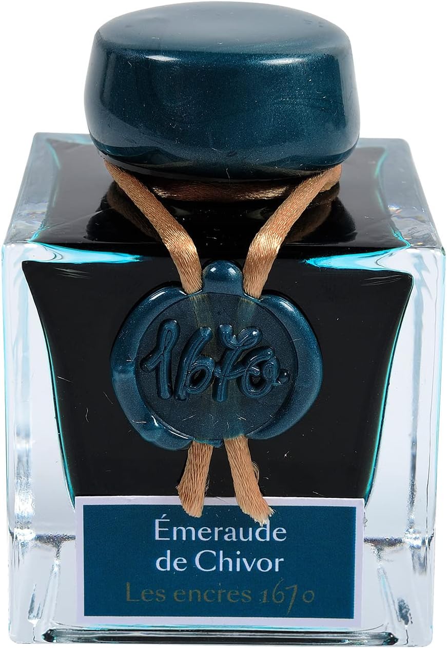 Ref 15035JT - Ink for Fountain Pens & Rollerball Pens - Émeraude de Chivor/Emerald of Chivor - 50ml Bottle - '1670' Jacques Herbin Prestige Collection - Blue-Coloured Ink