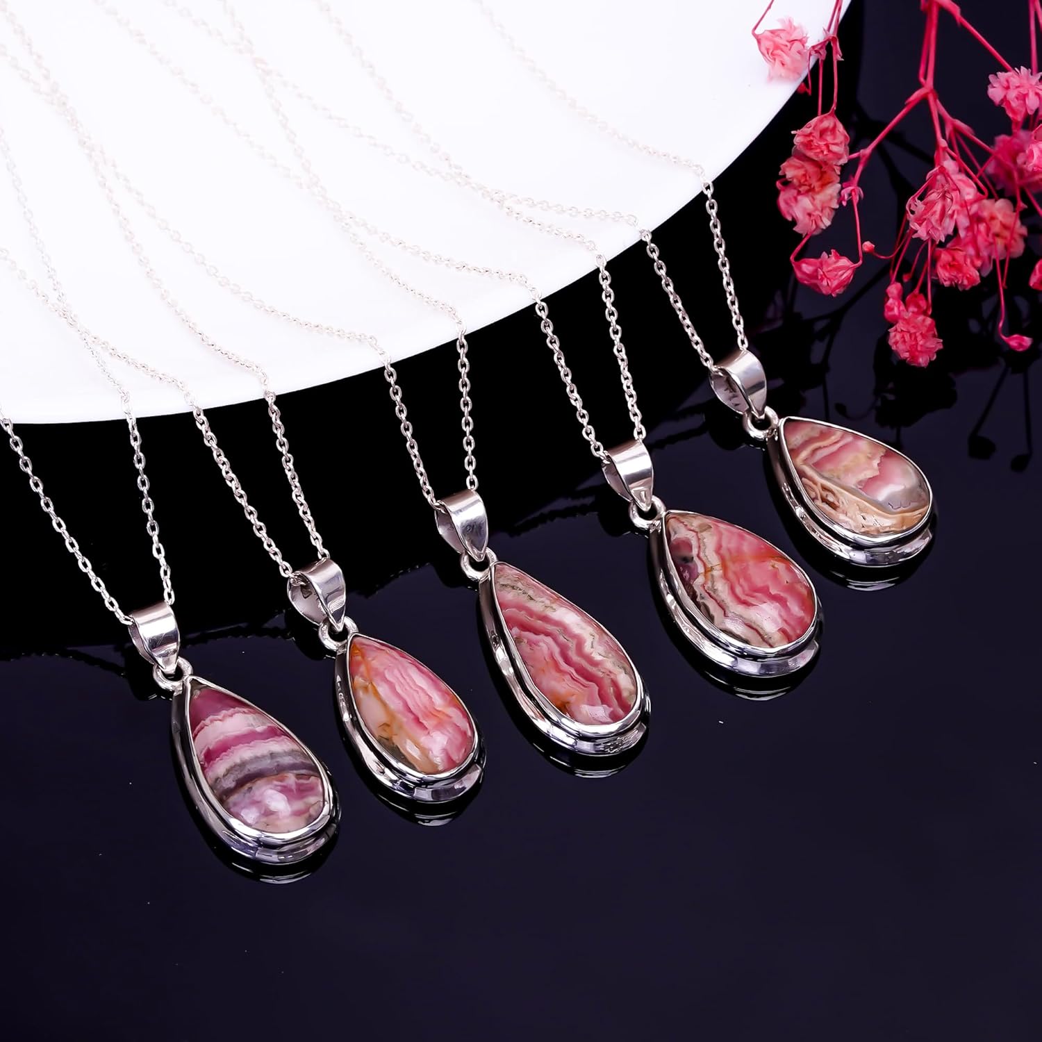 Natural Real Rhodochrosite Crystals Bezel Pear Pendant Necklace, Polished Birthstone, Healing Cabochon Gemstone, Jewelry, 925 Sterling Silver Jewelry 18 inch