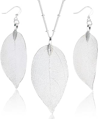 Filigree Long Leaf Pendant Dangle Necklace and Earring Jewelry Set | Beautiful Fashion Delicate Long Leaf Necklace Earrings For Women Trendy Boho