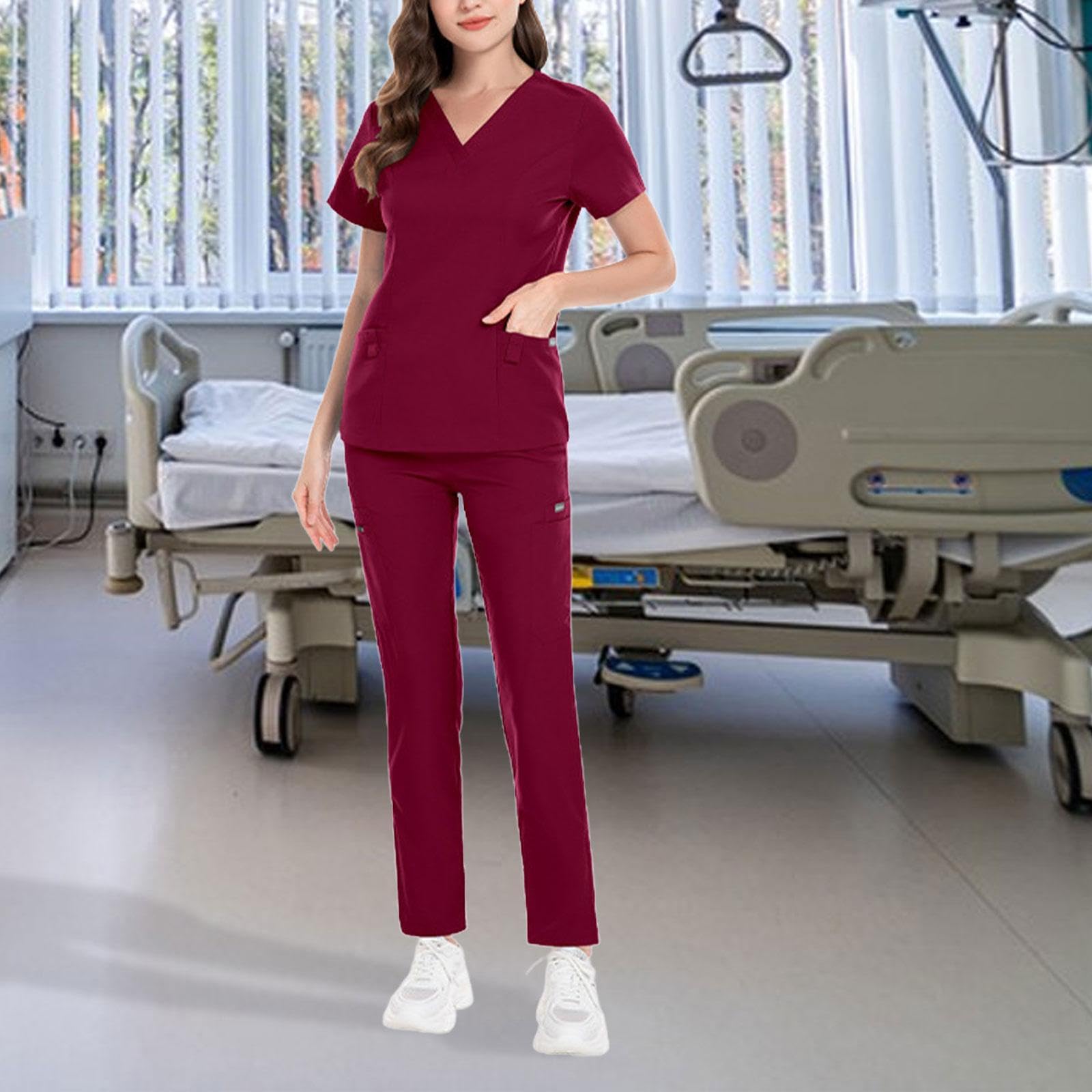 TISHITA Nurse Uniform Frauen Scrub Set Pflegeanzug Arbeitskleidung V Ausschnitt Pullover Jogginghose Massieren Arbeitsuniform Polyester Praktisch mit Taschen