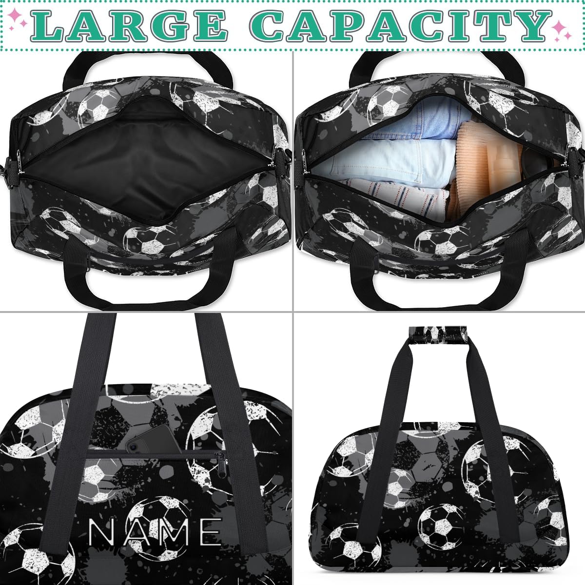 Personalized Kids Duffel Bag for Girls Boys Traveling Football Soccer Pattern Small Sport Gym Bag Custom Overnight Weekender Tote Bag Carry on Teen Dance Bag for Gymnastic Ballet