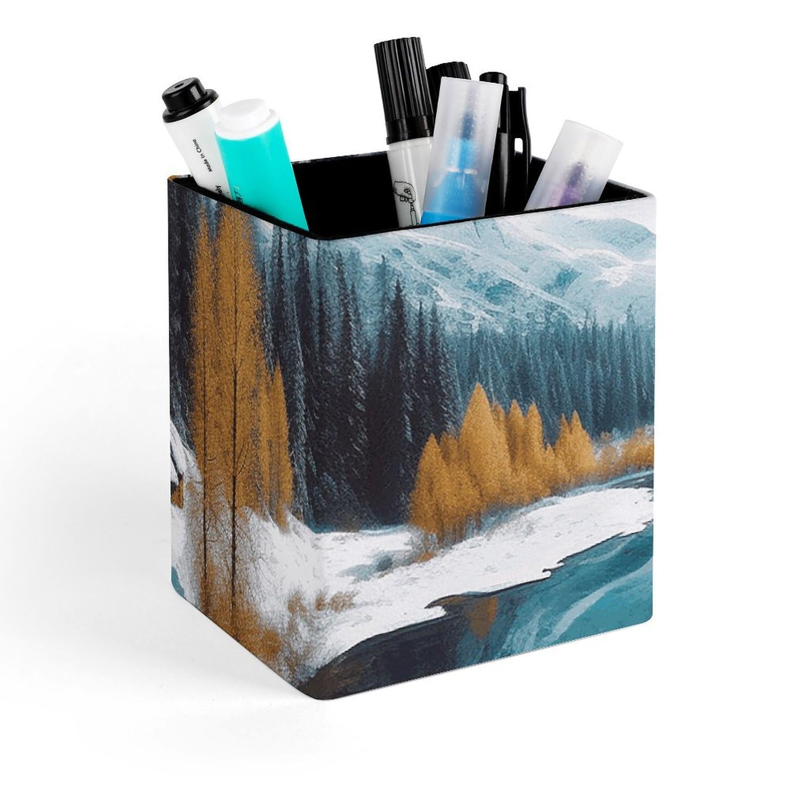 FekiLoot Winter Mountains Snow Scene Pencil Holder Square Leather Pen Holder Cup Modern Multi-Functional Pencil Cup Holder Decorative Desk Organizer Caddy Makeup Brush Holders for Desk Office
